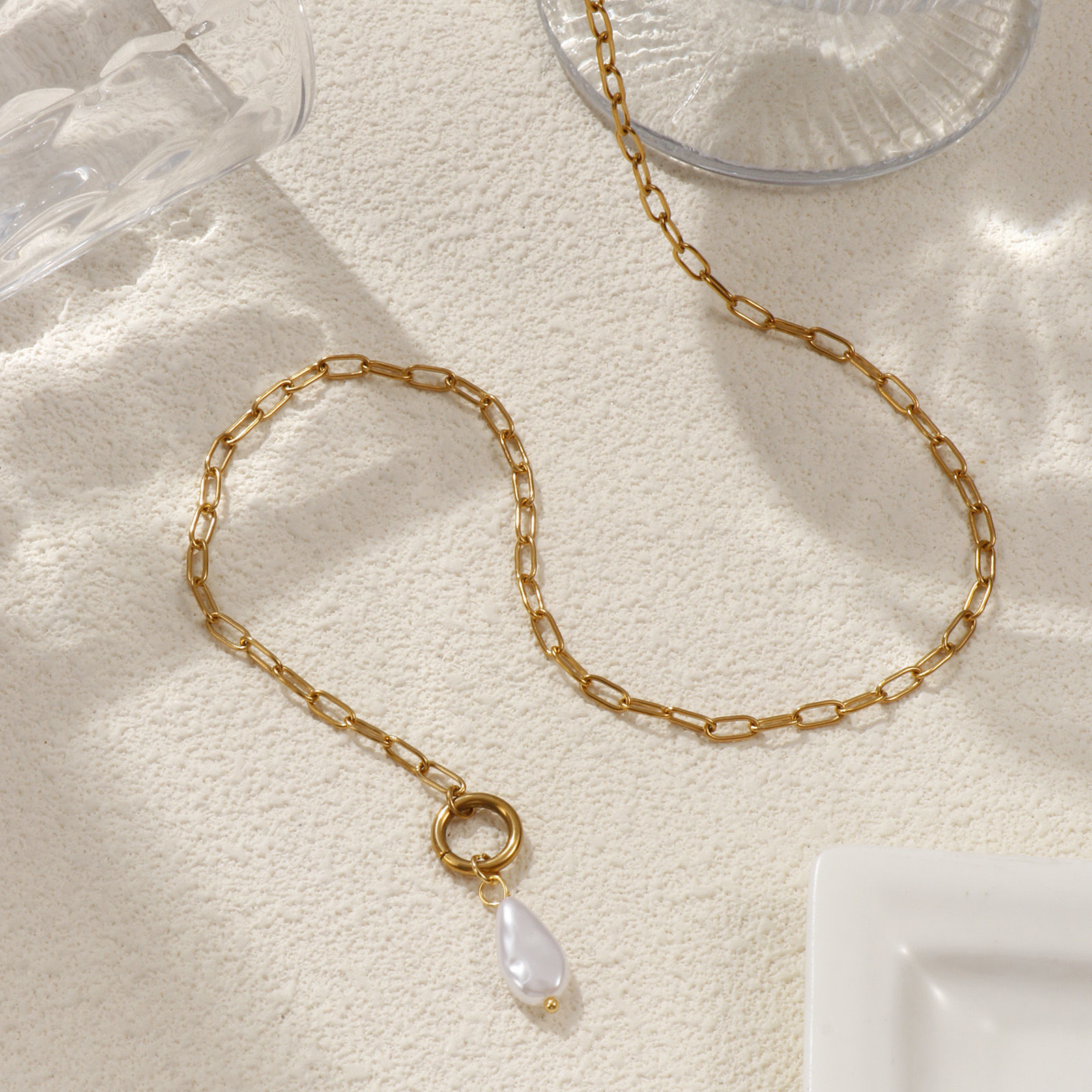 Imagen de 18K Real Gold Plated Paperclip Link Chain Pendant Charm Necklace, 304 Stainless Steel 45cm(17.7"), For Women, White Acrylic Imitation Pearl, Exquisite Gift, Eco-friendly PVD Vacuum Plating, 1 Piece