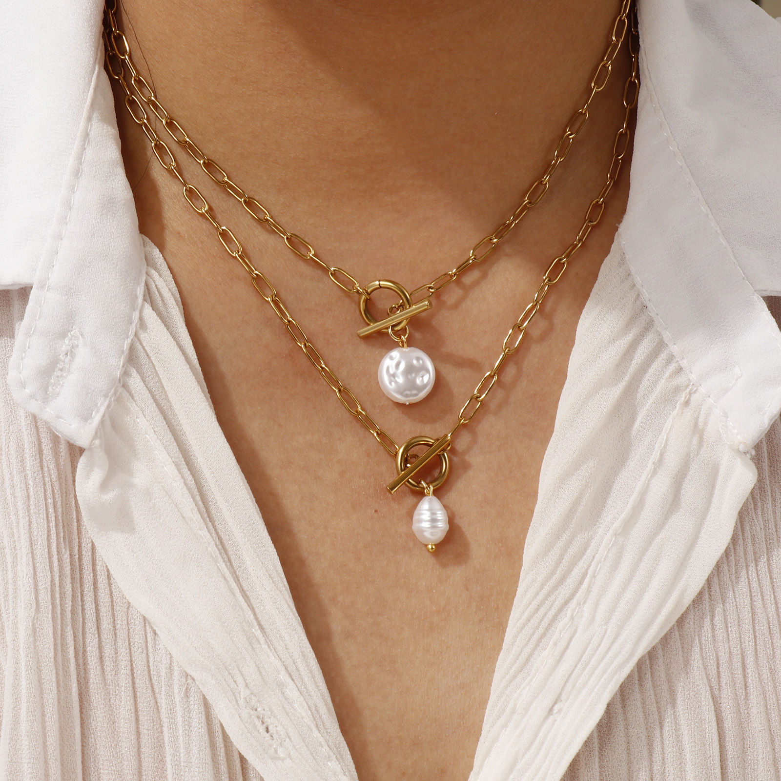 Imagen de 18K Real Gold Plated Paperclip Link Chain Pendant Charm Necklace, 304 Stainless Steel 45cm(17.7"), For Women, White Acrylic Imitation Pearl, Exquisite Gift, Eco-friendly PVD Vacuum Plating, 1 Piece