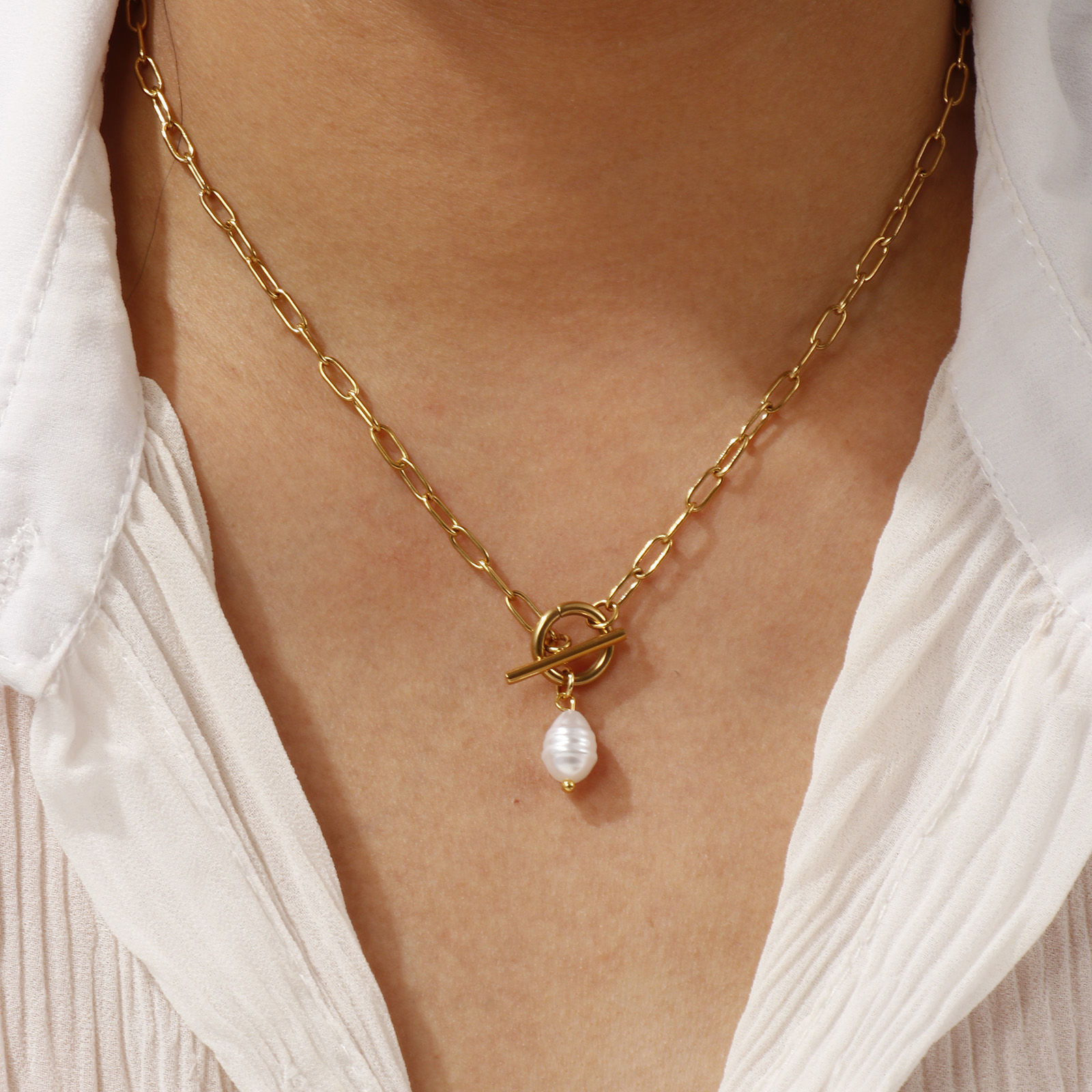 Imagen de 18K Real Gold Plated Paperclip Link Chain Pendant Charm Necklace, 304 Stainless Steel 45cm(17.7"), For Women, White Acrylic Imitation Pearl, Exquisite Gift, Eco-friendly PVD Vacuum Plating, 1 Piece