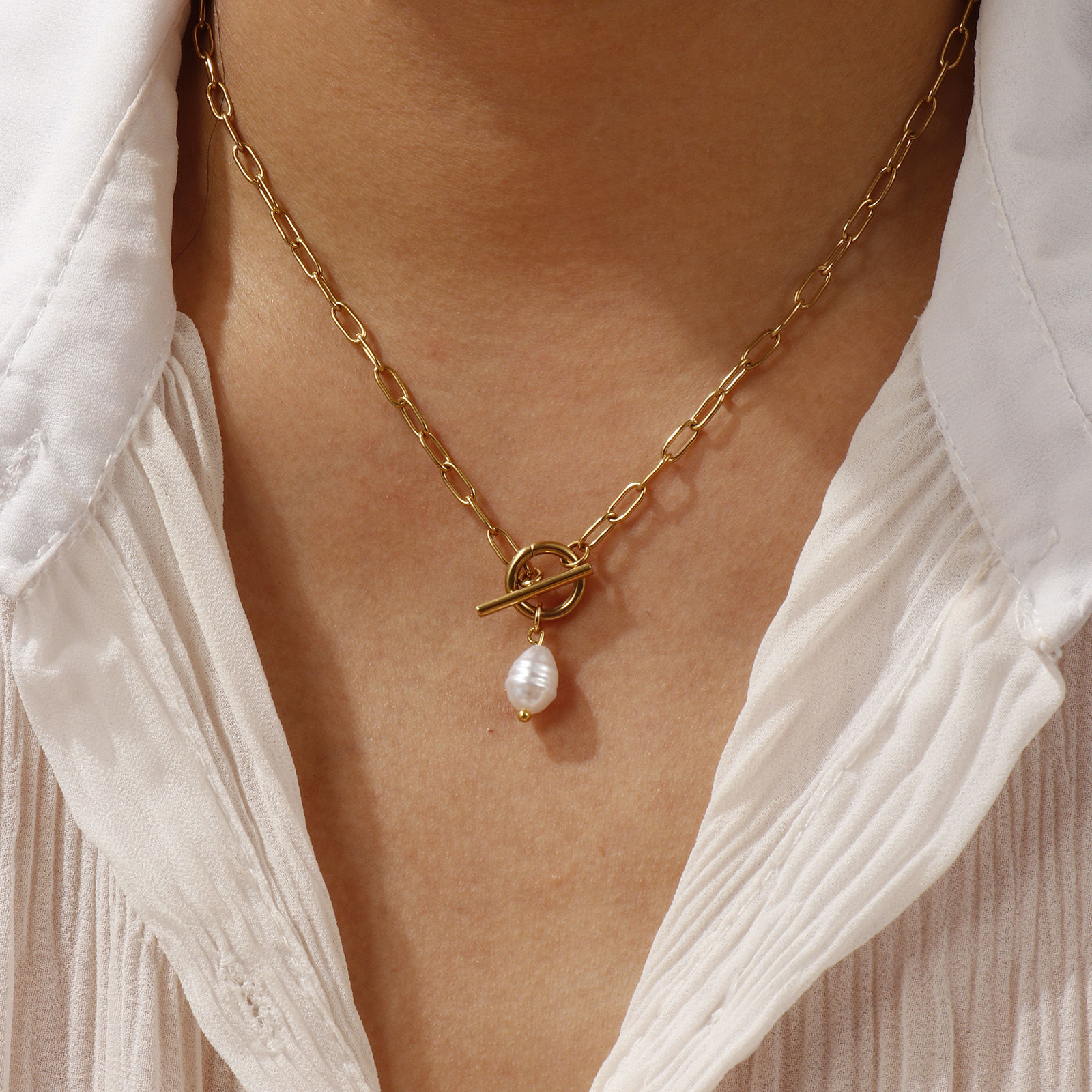 Imagen de 18K Real Gold Plated Paperclip Link Chain Pendant Charm Necklace, 304 Stainless Steel 45cm(17.7"), For Women, White Acrylic Imitation Pearl, Exquisite Gift, Eco-friendly PVD Vacuum Plating, 1 Piece