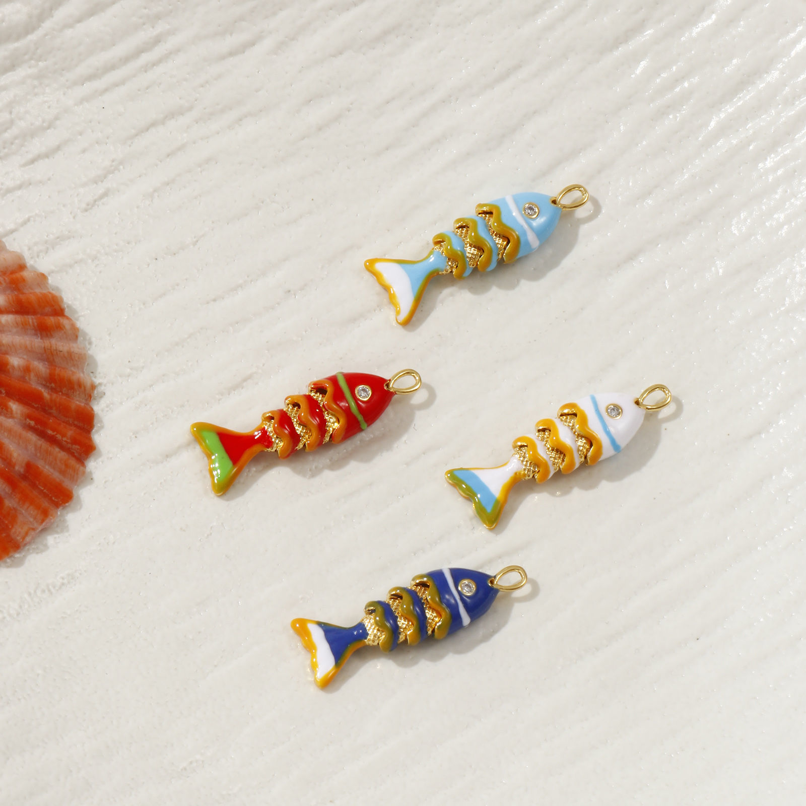 Picture of Eco-friendly Brass Ocean Jewelry Charms 18K Real Gold Plated Enamel Fish Animal 3D Movable Clear Cubic Zirconia 28mm x 9mm