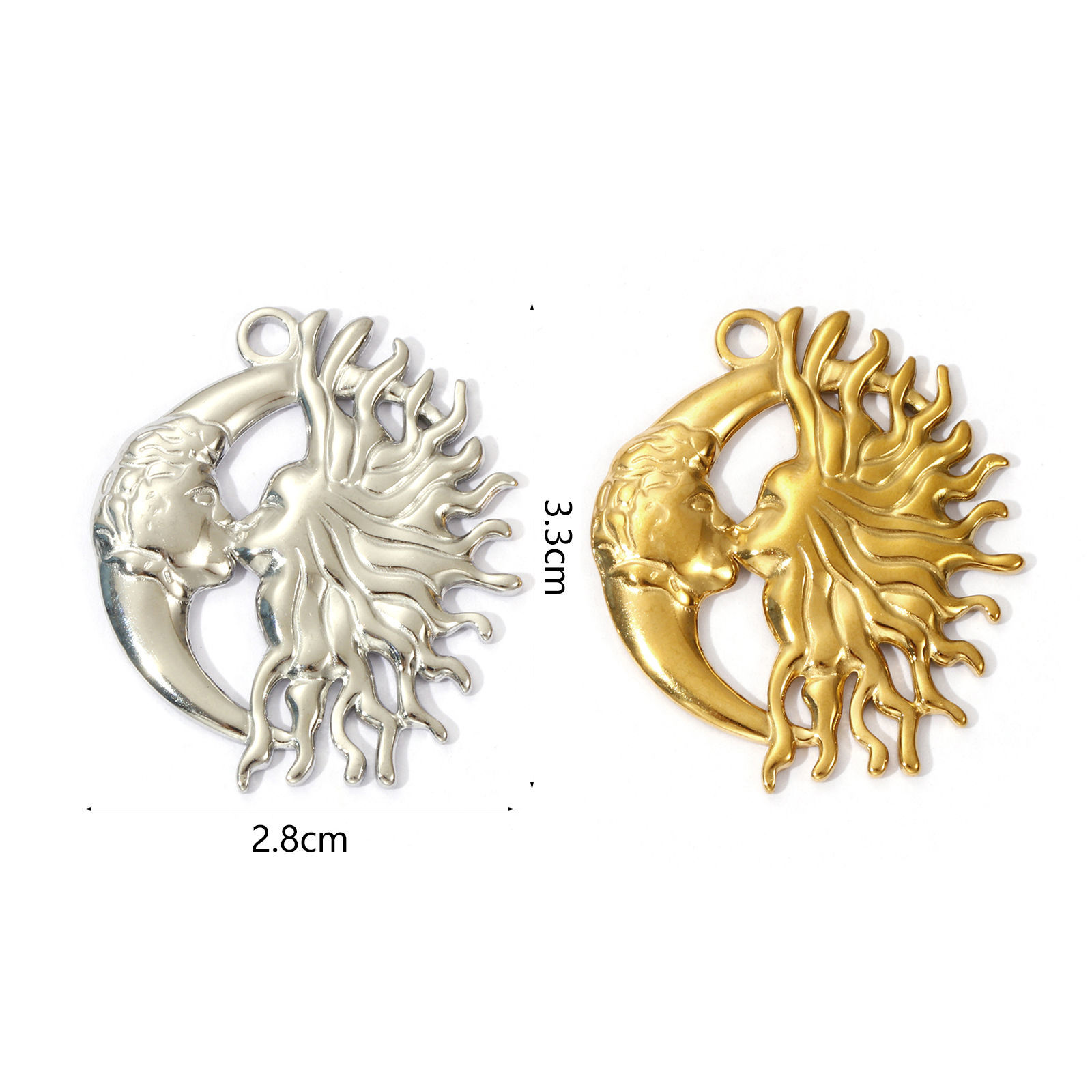 Picture of 2 PCs Eco-friendly PVD Vacuum Plating 304 Stainless Steel Galaxy Pendants Sun Moon Face 3.3cm x 2.8cm