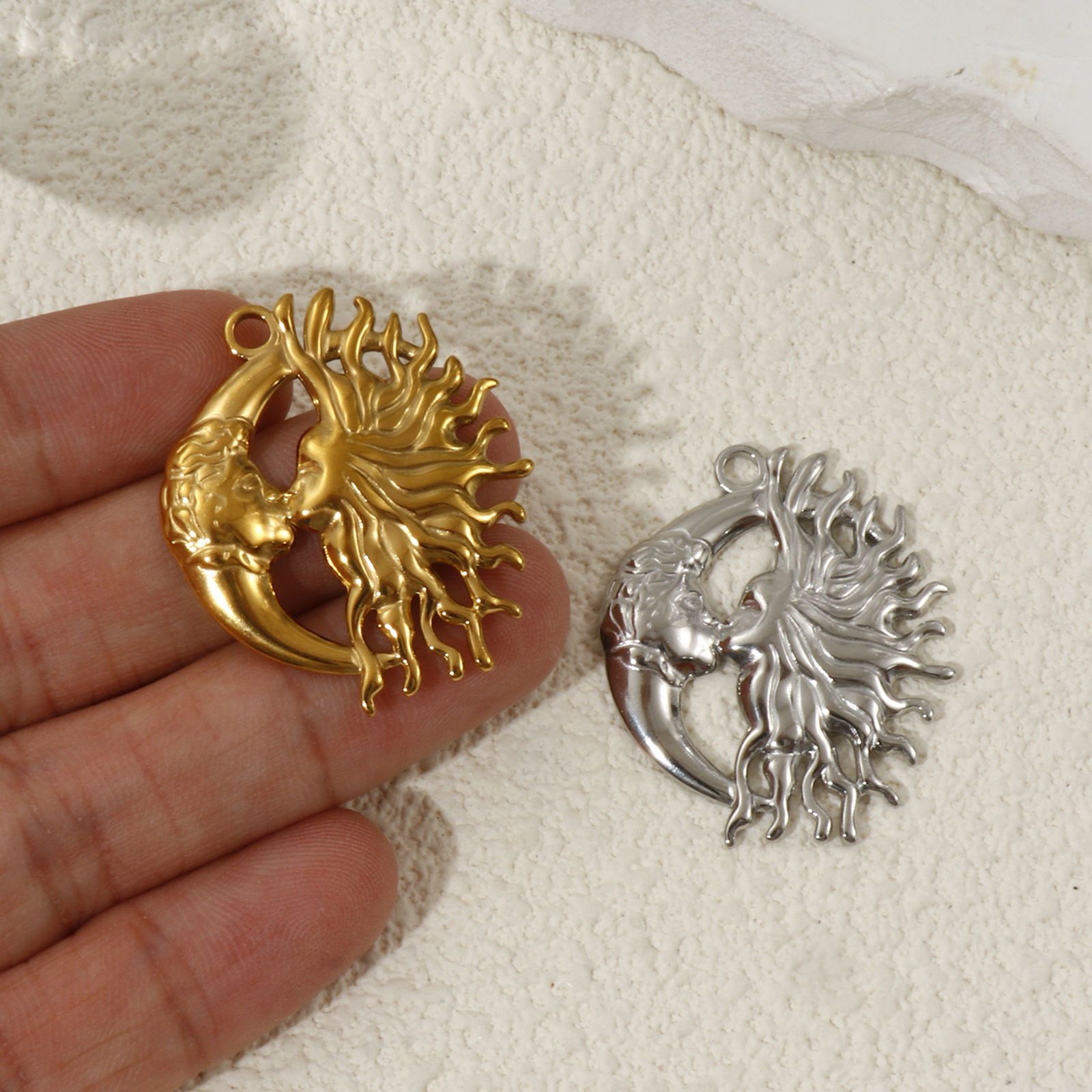 Picture of 2 PCs Eco-friendly PVD Vacuum Plating 304 Stainless Steel Galaxy Pendants Sun Moon Face 3.3cm x 2.8cm