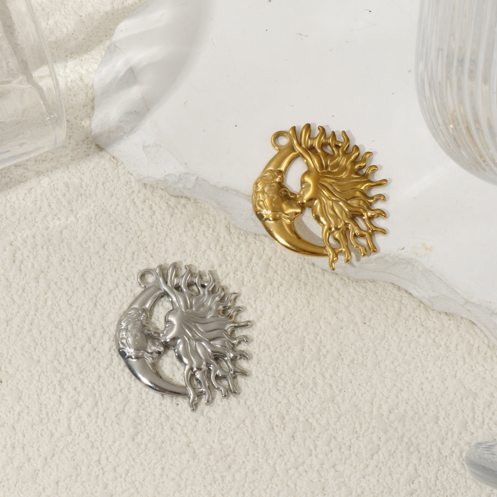 Picture of 2 PCs Eco-friendly PVD Vacuum Plating 304 Stainless Steel Galaxy Pendants Sun Moon Face 3.3cm x 2.8cm