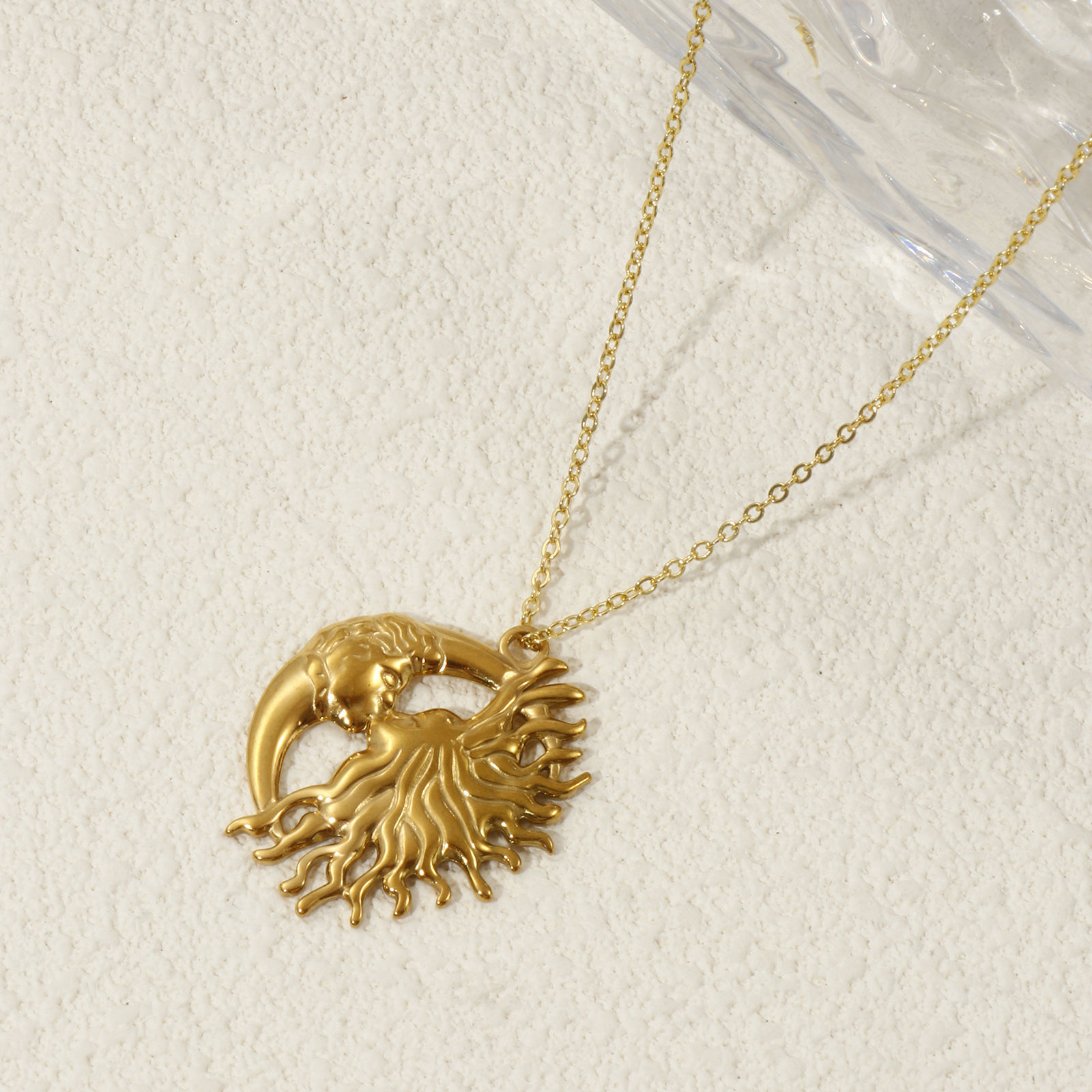Picture of 2 PCs Eco-friendly PVD Vacuum Plating 304 Stainless Steel Galaxy Pendants Sun Moon Face 3.3cm x 2.8cm