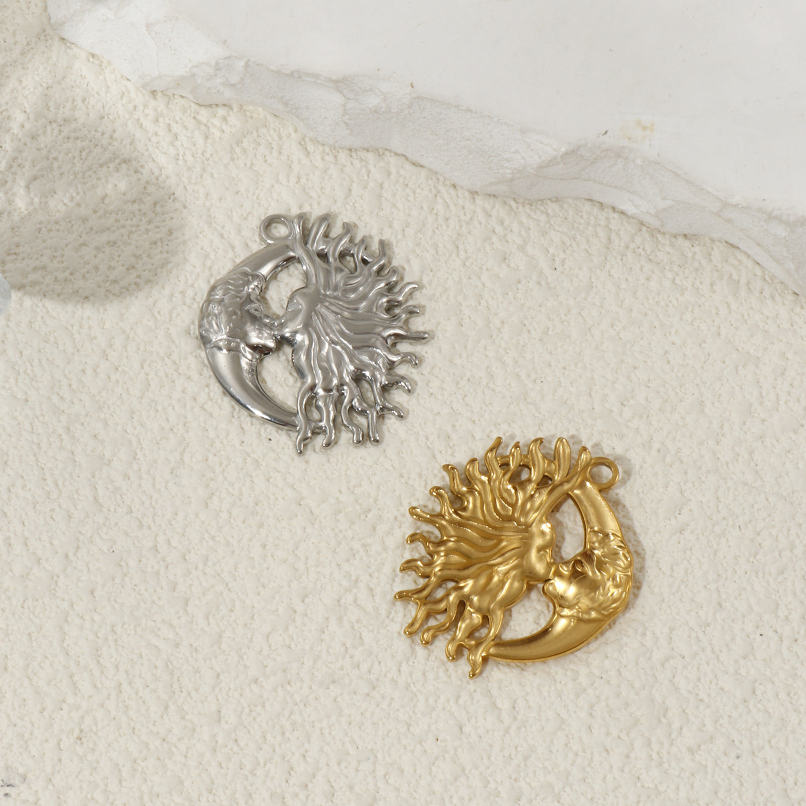Picture of 2 PCs Eco-friendly PVD Vacuum Plating 304 Stainless Steel Galaxy Pendants Sun Moon Face 3.3cm x 2.8cm