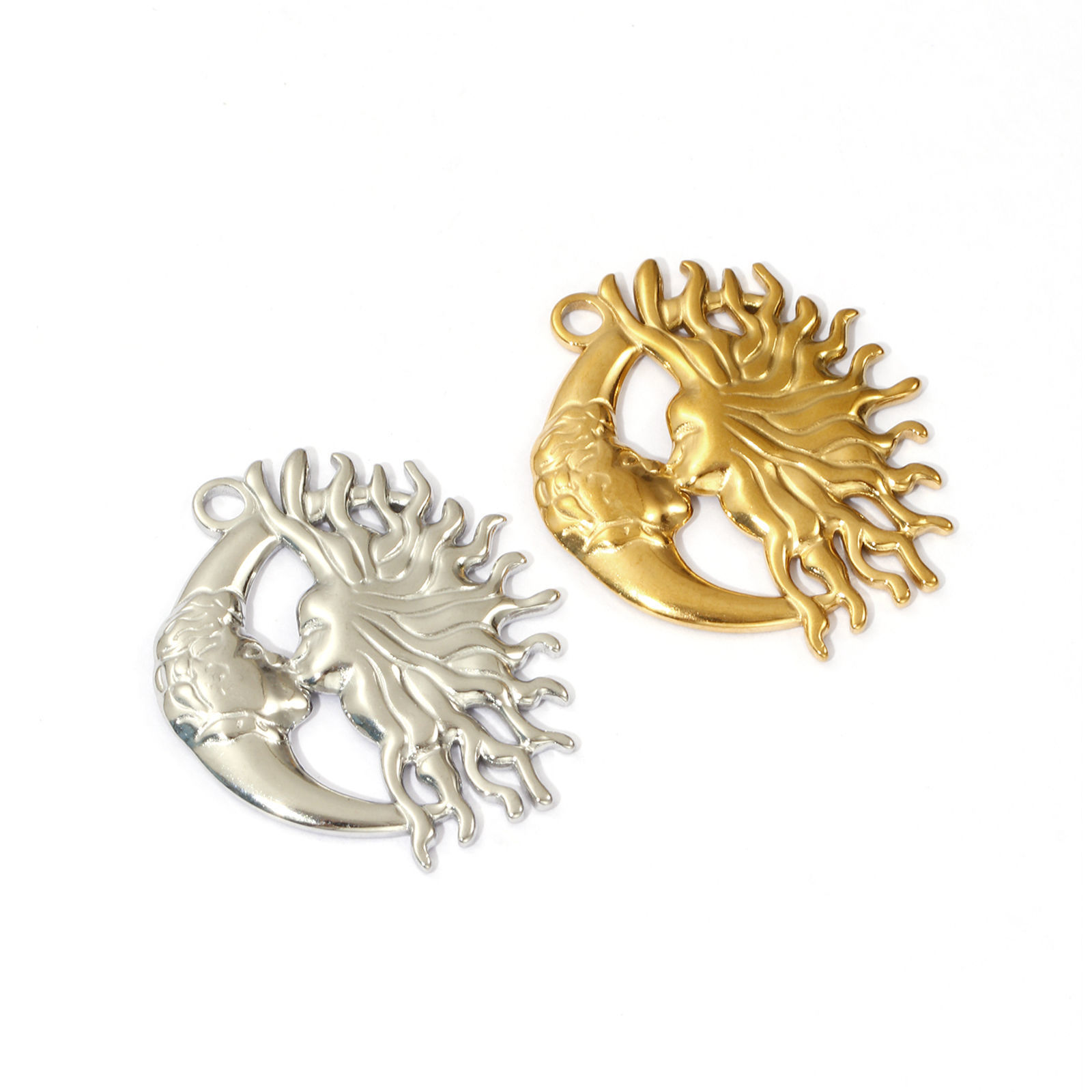 Picture of 2 PCs Eco-friendly PVD Vacuum Plating 304 Stainless Steel Galaxy Pendants Sun Moon Face 3.3cm x 2.8cm
