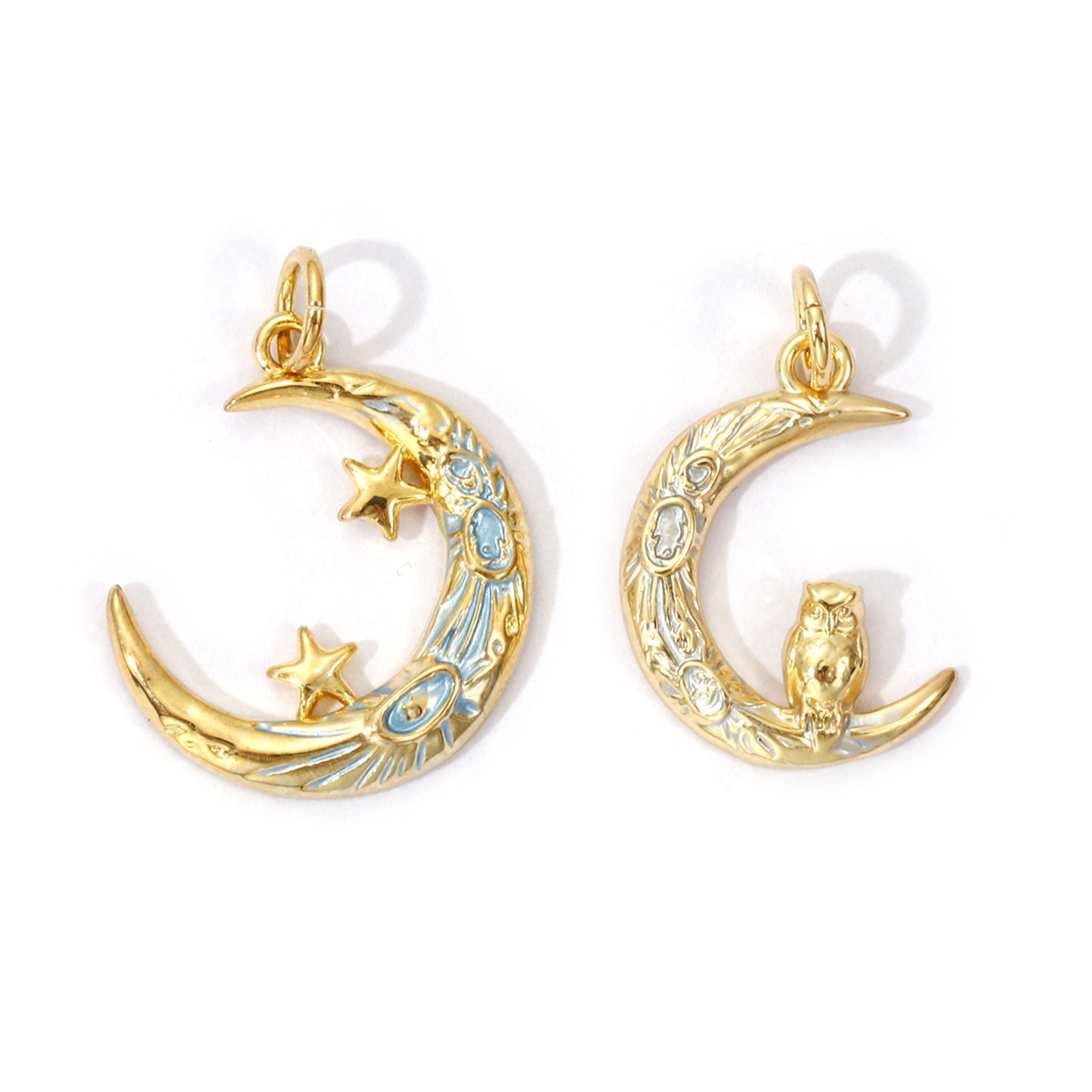 Picture of 2 PCs Eco-friendly Brass Galaxy Charms 18K Real Gold Plated Enamel Half Moon 22mm x 17mm