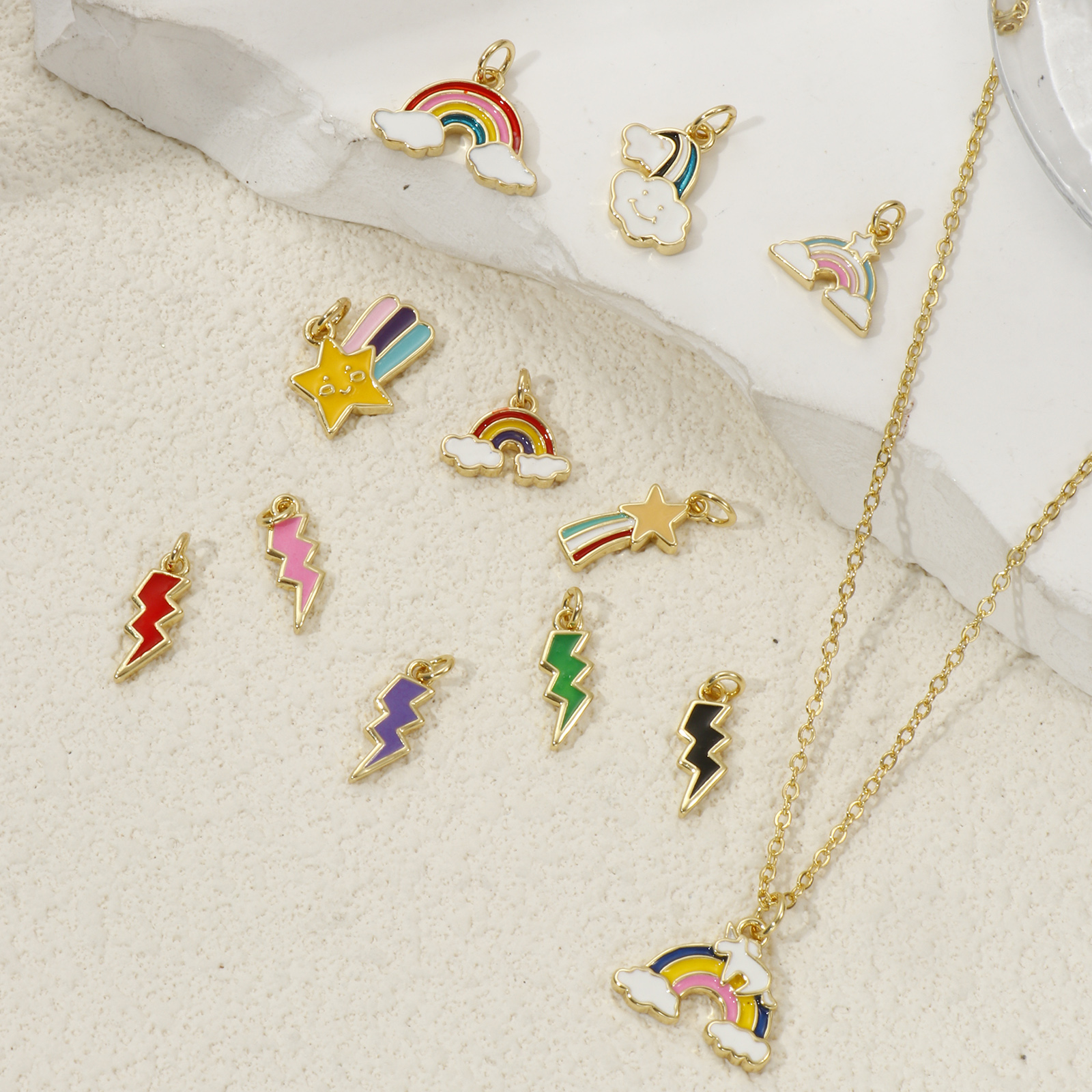 Picture of Eco-friendly Brass Charms 18K Real Gold Plated Enamel Rainbow Lightning