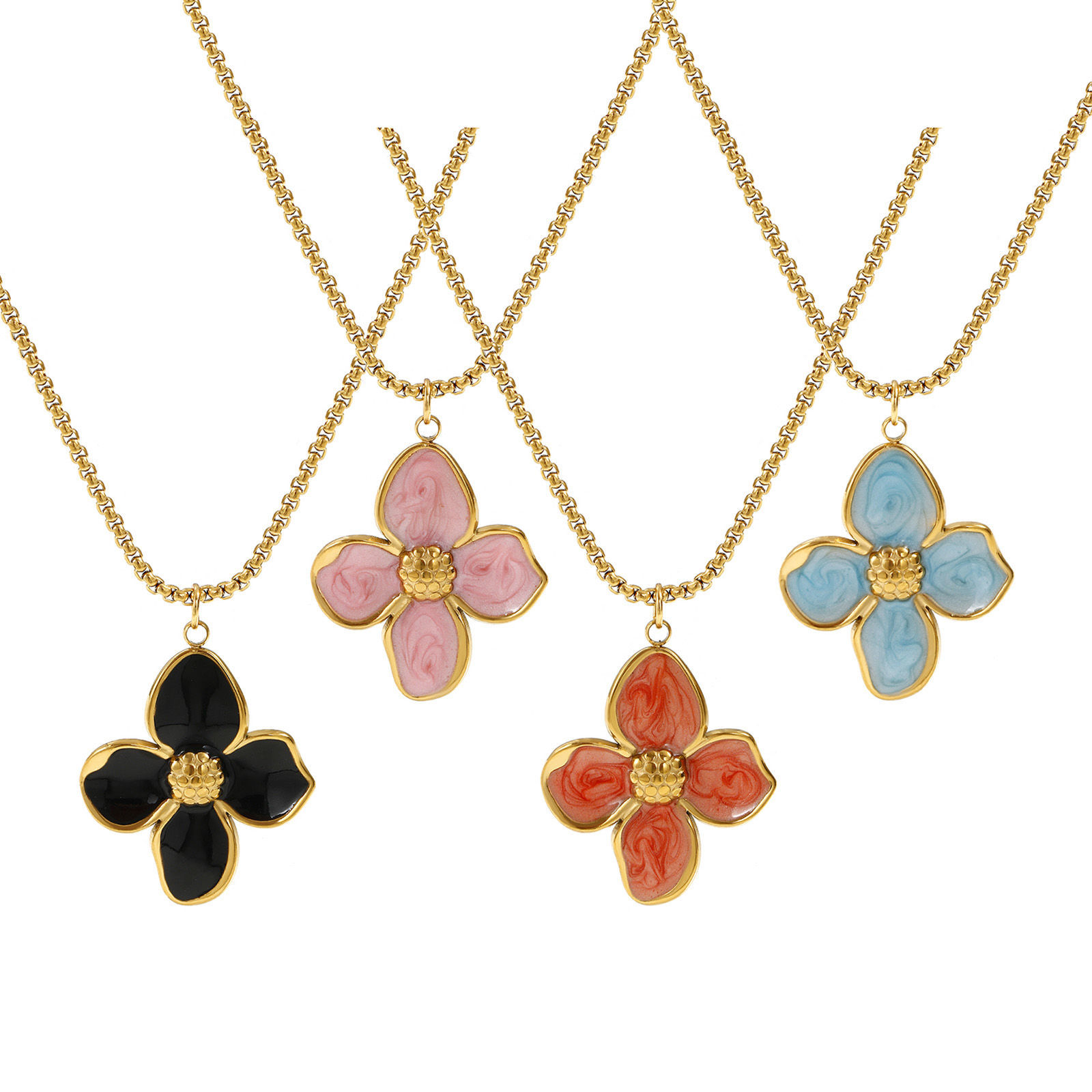 Imagen de 18K Real Gold Plated Box Chain Flower Pendant Charm Necklace, 304 Stainless Steel 45cm(17.7") + 5cm(2"), For Women, Enamel Sweet & Cute Gift, Eco-friendly PVD Vacuum Plating, 1 Piece