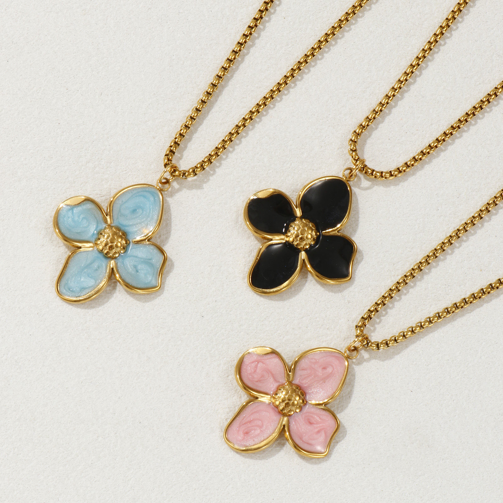 Imagen de 18K Real Gold Plated Box Chain Flower Pendant Charm Necklace, 304 Stainless Steel 45cm(17.7") + 5cm(2"), For Women, Enamel Sweet & Cute Gift, Eco-friendly PVD Vacuum Plating, 1 Piece