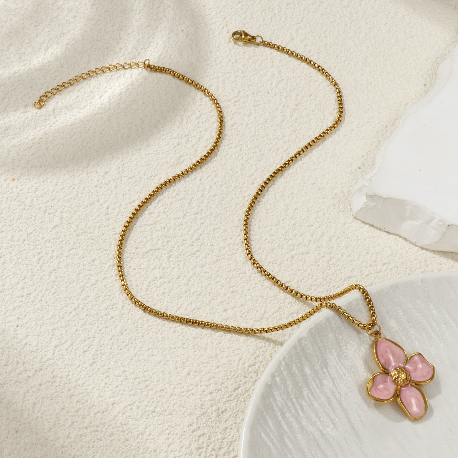 Imagen de 18K Real Gold Plated Box Chain Flower Pendant Charm Necklace, 304 Stainless Steel 45cm(17.7") + 5cm(2"), For Women, Enamel Sweet & Cute Gift, Eco-friendly PVD Vacuum Plating, 1 Piece