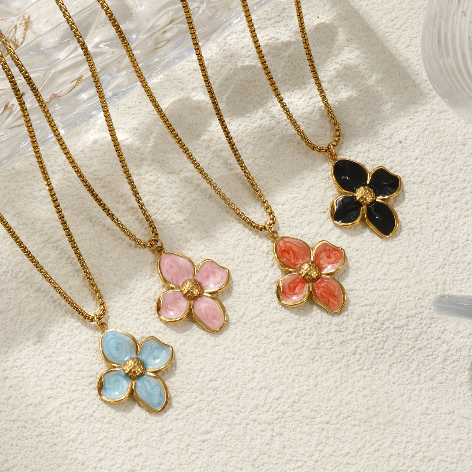 Imagen de 18K Real Gold Plated Box Chain Flower Pendant Charm Necklace, 304 Stainless Steel 45cm(17.7") + 5cm(2"), For Women, Enamel Sweet & Cute Gift, Eco-friendly PVD Vacuum Plating, 1 Piece