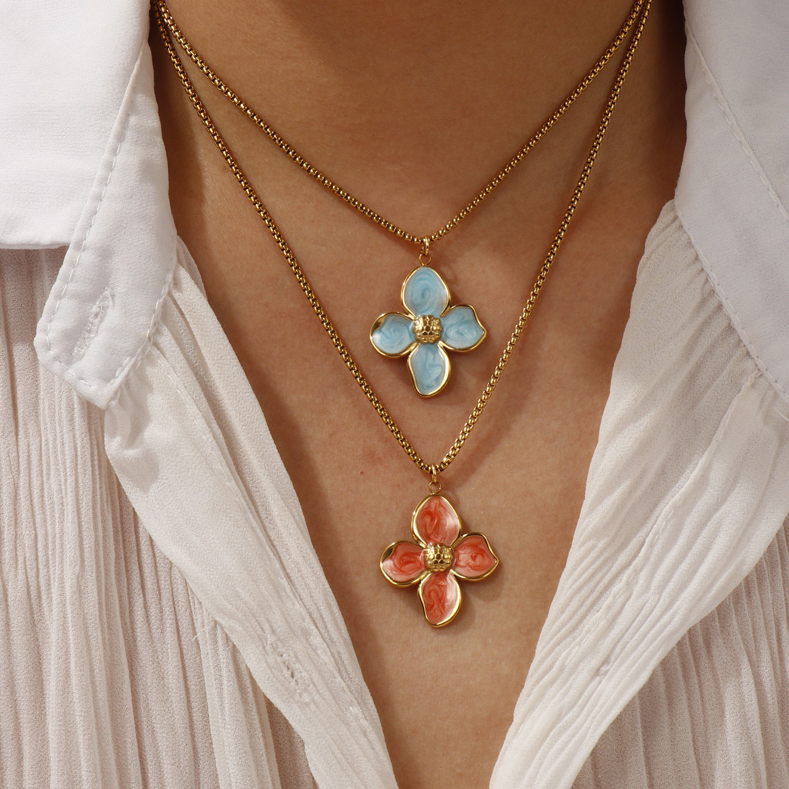 Imagen de 18K Real Gold Plated Box Chain Flower Pendant Charm Necklace, 304 Stainless Steel 45cm(17.7") + 5cm(2"), For Women, Enamel Sweet & Cute Gift, Eco-friendly PVD Vacuum Plating, 1 Piece