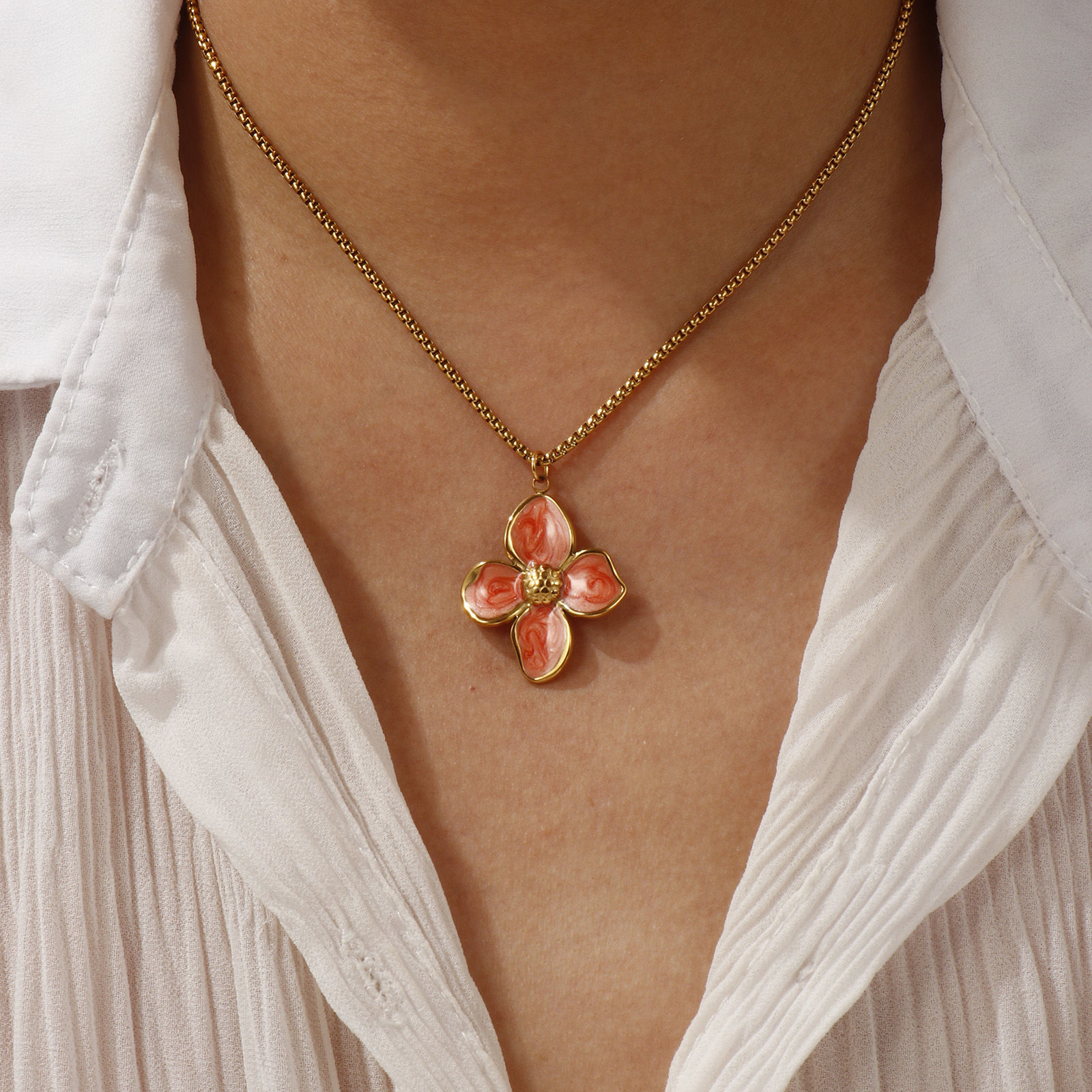 Imagen de 18K Real Gold Plated Box Chain Flower Pendant Charm Necklace, 304 Stainless Steel 45cm(17.7") + 5cm(2"), For Women, Enamel Sweet & Cute Gift, Eco-friendly PVD Vacuum Plating, 1 Piece