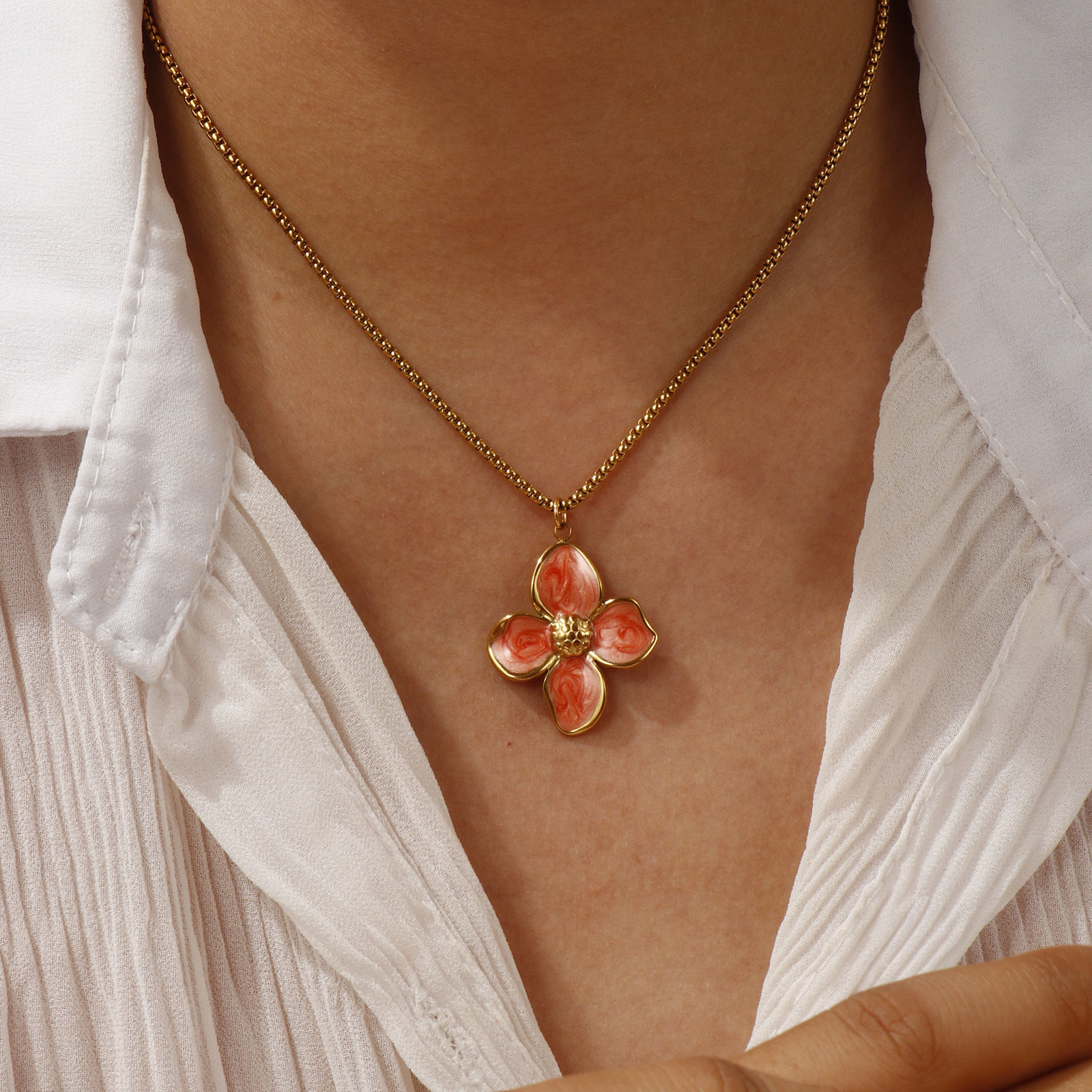 Imagen de 18K Real Gold Plated Box Chain Flower Pendant Charm Necklace, 304 Stainless Steel 45cm(17.7") + 5cm(2"), For Women, Enamel Sweet & Cute Gift, Eco-friendly PVD Vacuum Plating, 1 Piece