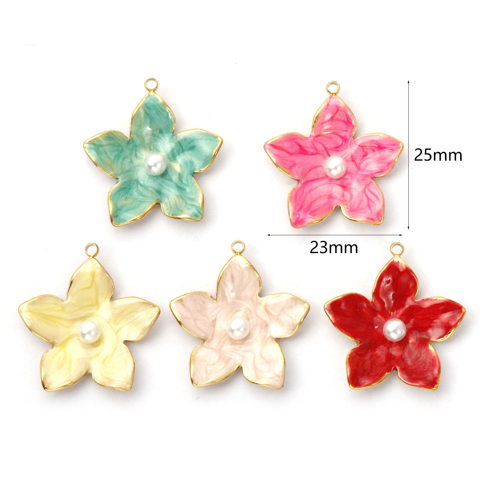Imagen de 1 Piece Eco-friendly PVD Vacuum Plating 304 Stainless Steel Charms 18K Real Gold Plated Enamel Flower Acrylic Imitation Pearl 25mm x 23mm