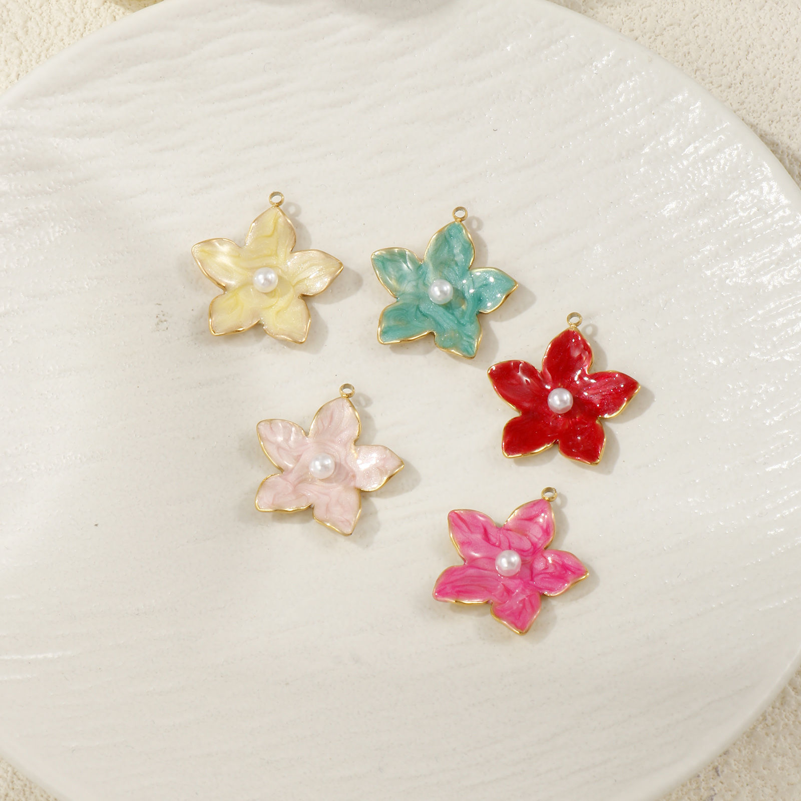 Imagen de 1 Piece Eco-friendly PVD Vacuum Plating 304 Stainless Steel Charms 18K Real Gold Plated Enamel Flower Acrylic Imitation Pearl 25mm x 23mm