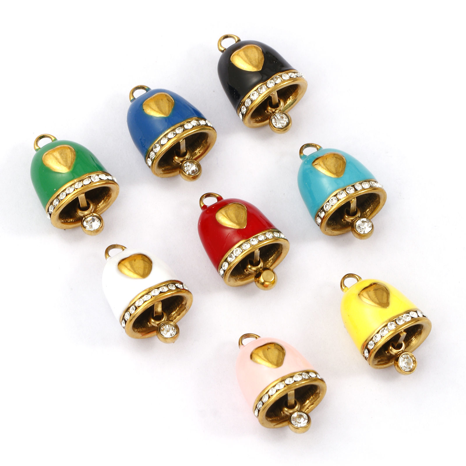 Imagen de 1 Unidad Enchapado al Vacío 304 Acero Inoxidable Navidad Colgantes Chapado en Oro de 18K Esmalte Cascabel Corazón Micro Pave Transparente Rhinestone 15mm x 10mm