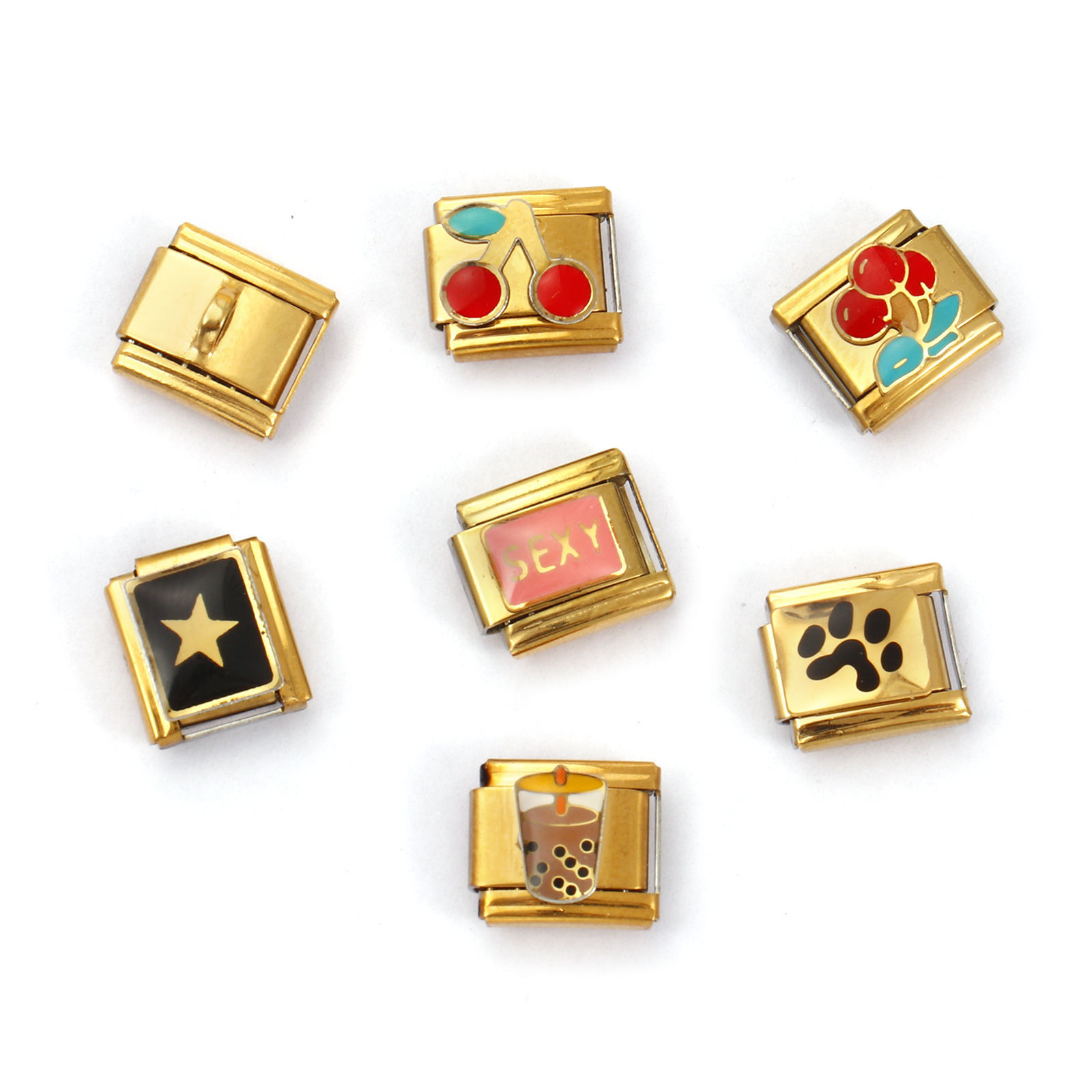 Picture of 304 Stainless Steel Ocean Jewelry Italian Charm Links For DIY Bracelet Jewelry Making 18K Gold Plated Rectangle Cherry Fruit 10mm x 9mm