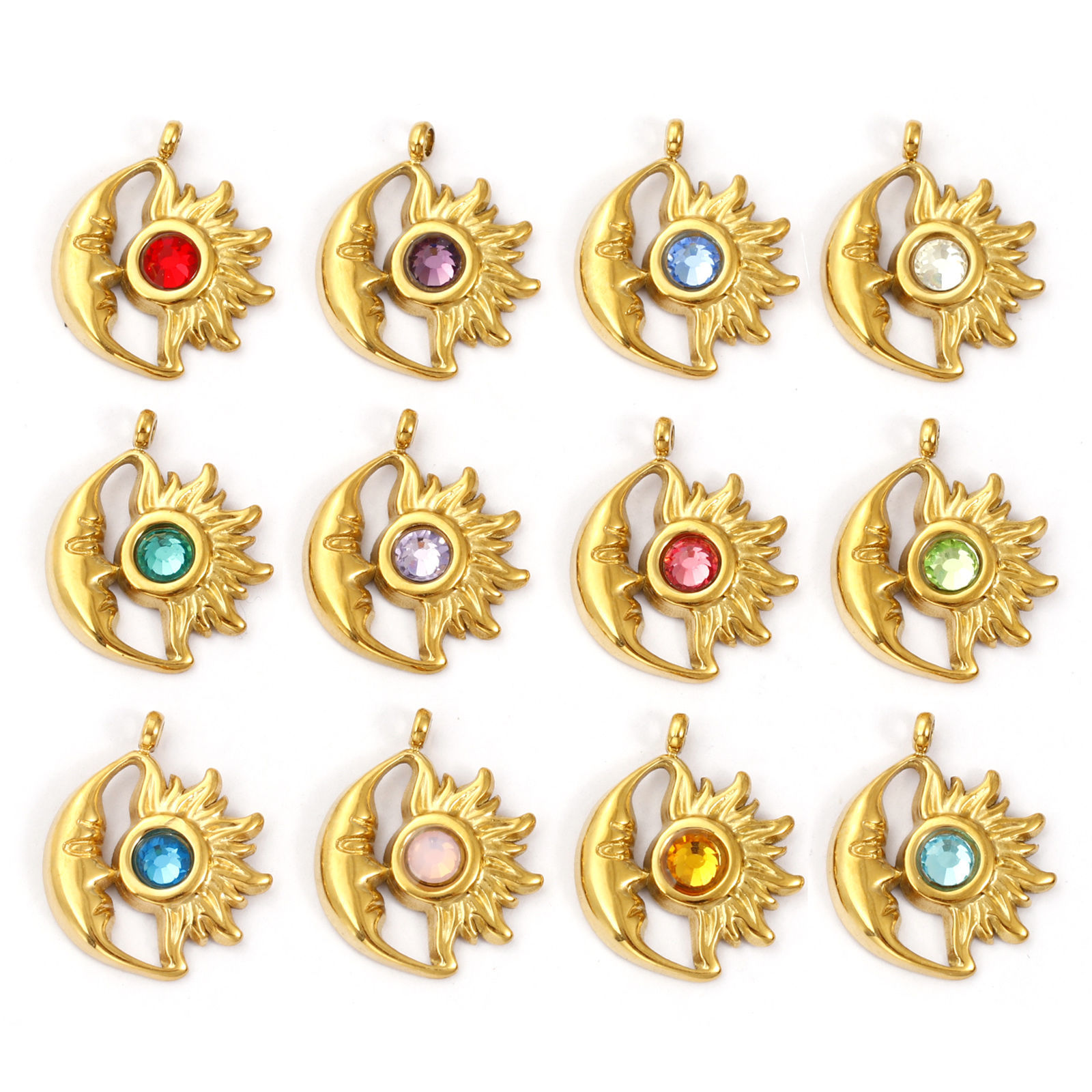 Bild von Umweltfreundliche PVD-Vakuumbeschichtung 304 Edelstahl Monatsstein Charms 18K Vergoldet Sonne und Mondgesicht 19mm x 16mm