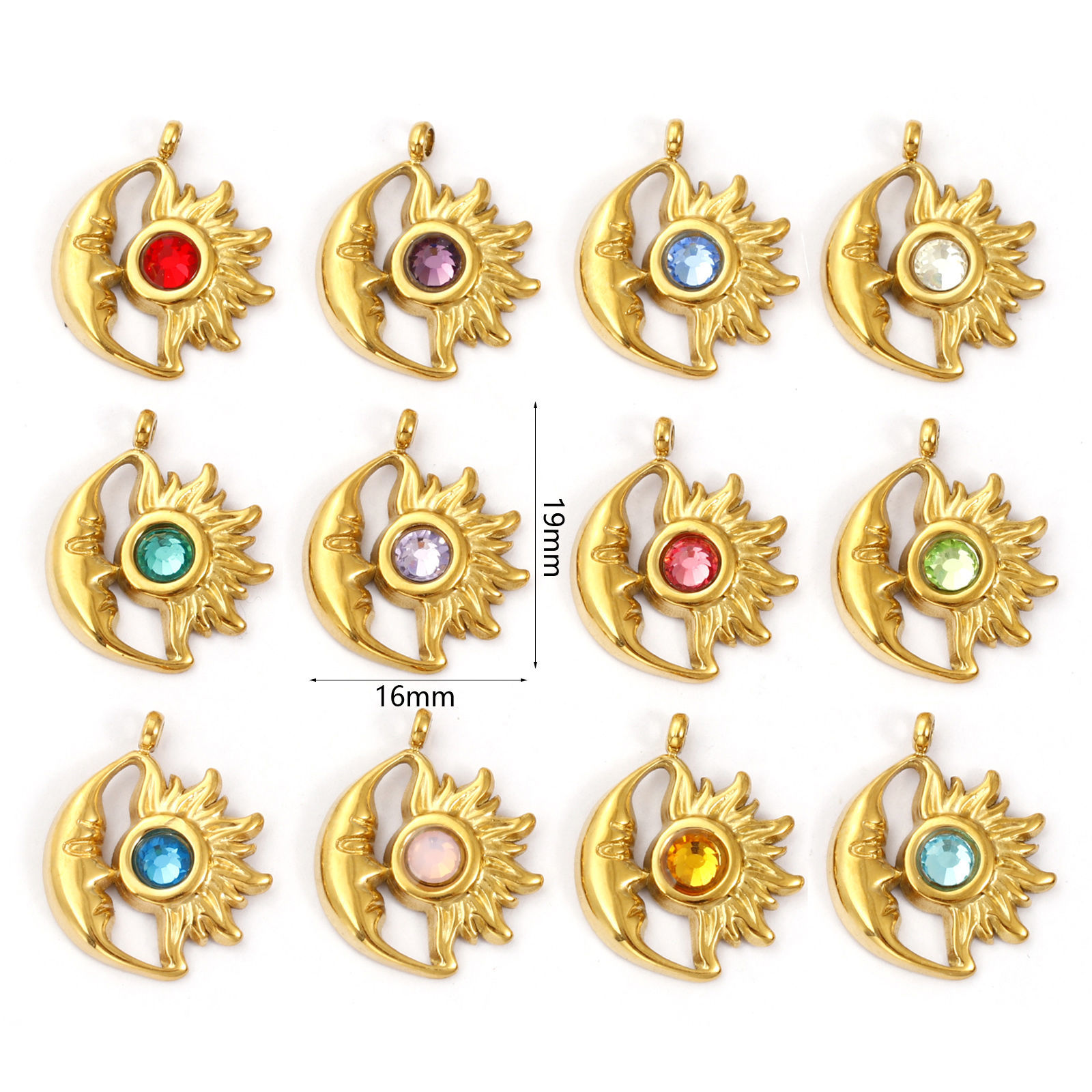 Bild von Umweltfreundliche PVD-Vakuumbeschichtung 304 Edelstahl Monatsstein Charms 18K Vergoldet Sonne und Mondgesicht 19mm x 16mm