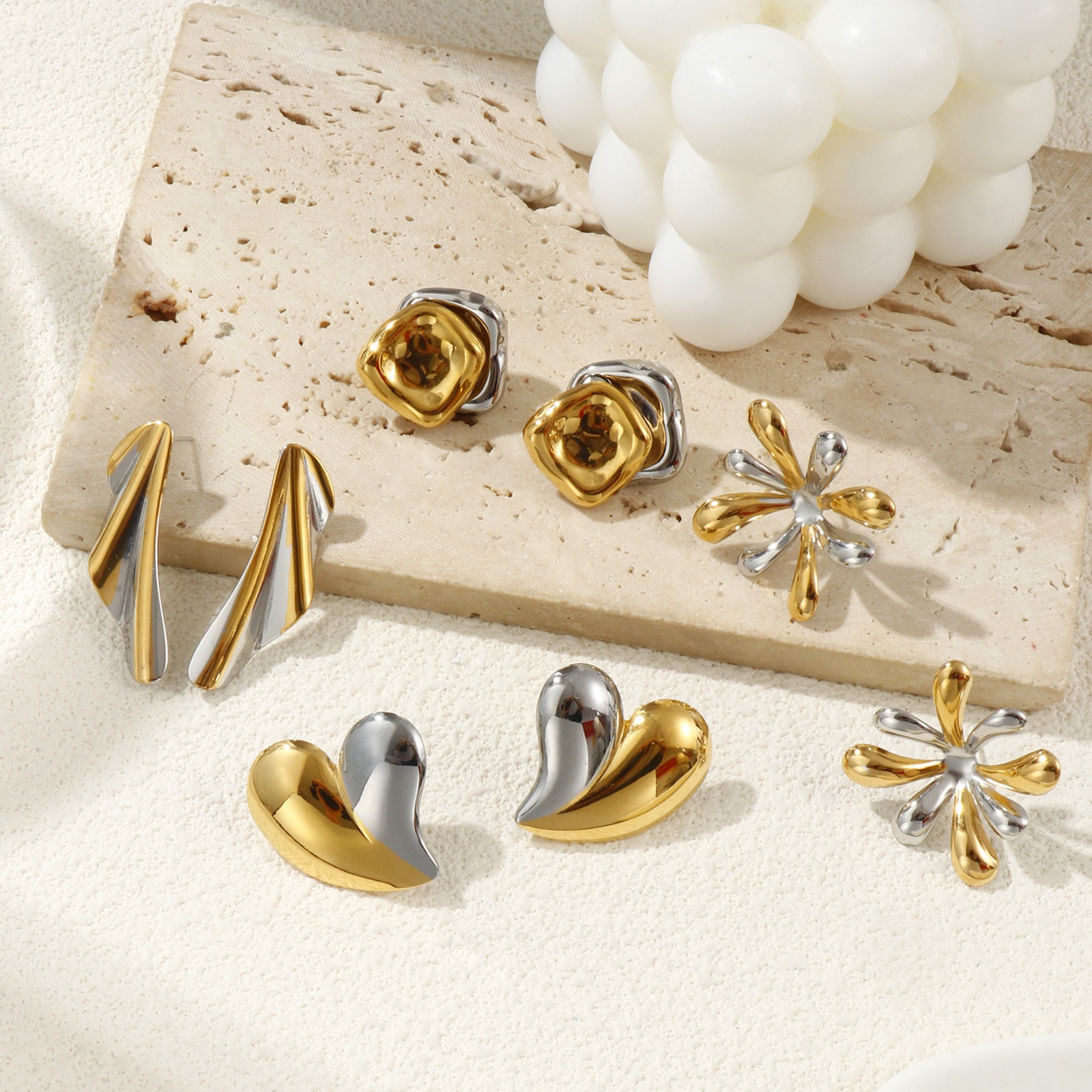 Picture of 1 Pair Eco-friendly PVD Vacuum Plating Dainty Exquisite 18K Real Gold Plated & Silver Tone 304 Stainless Steel Two Tone Ear Post Stud Earrings For Women Gift