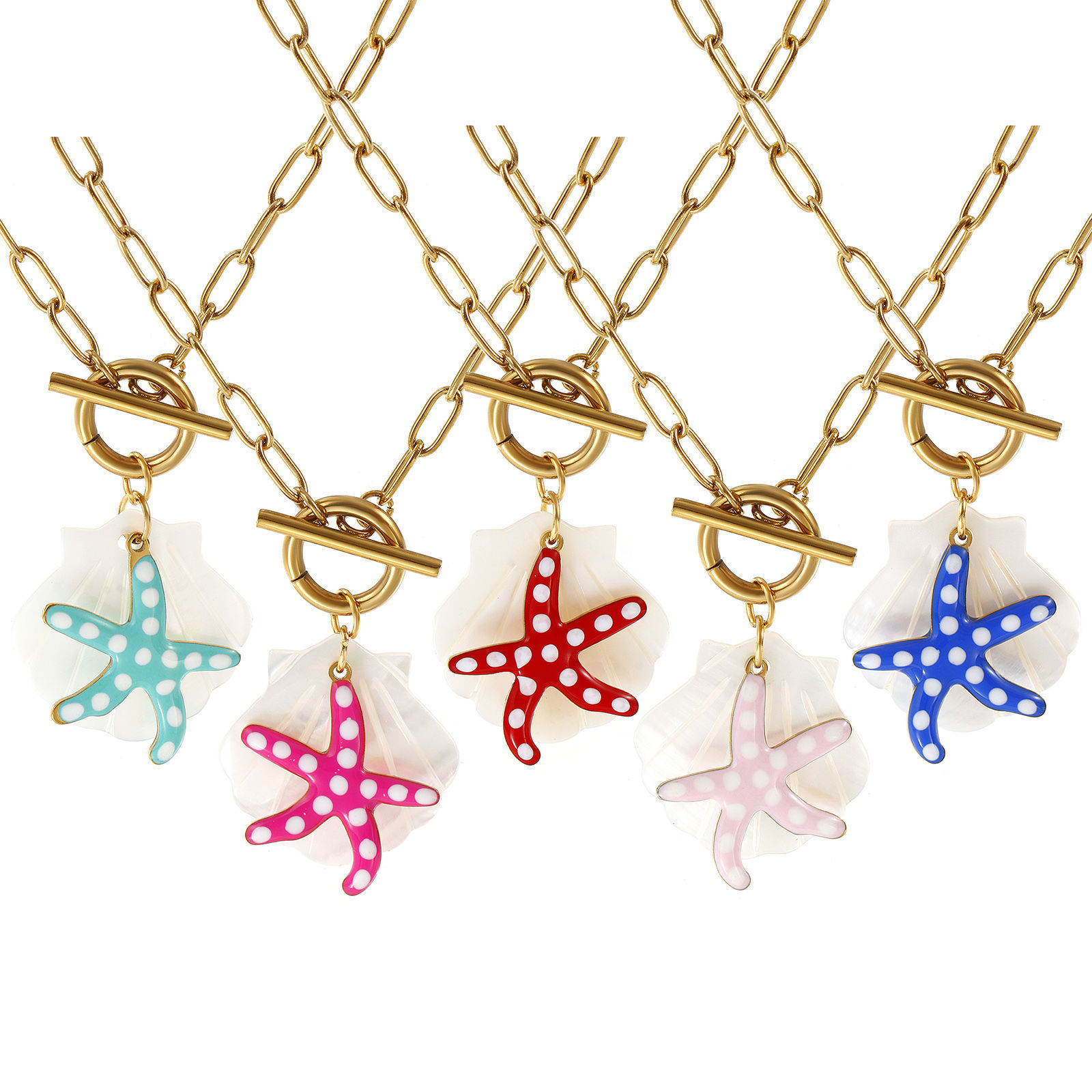 Picture of 18K Real Gold Plated Paperclip Link Chain Star Fish Pendant Charm Necklace, 304 Stainless Steel & Natural Shell 45cm(17.7"), For Women, Double-sided Enamel, Ocean Jewelry Eco-friendly PVD Vacuum Plating