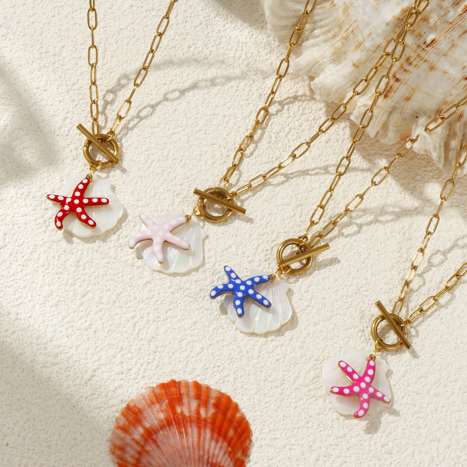 Picture of 18K Real Gold Plated Paperclip Link Chain Star Fish Pendant Charm Necklace, 304 Stainless Steel & Natural Shell 45cm(17.7"), For Women, Double-sided Enamel, Ocean Jewelry Eco-friendly PVD Vacuum Plating