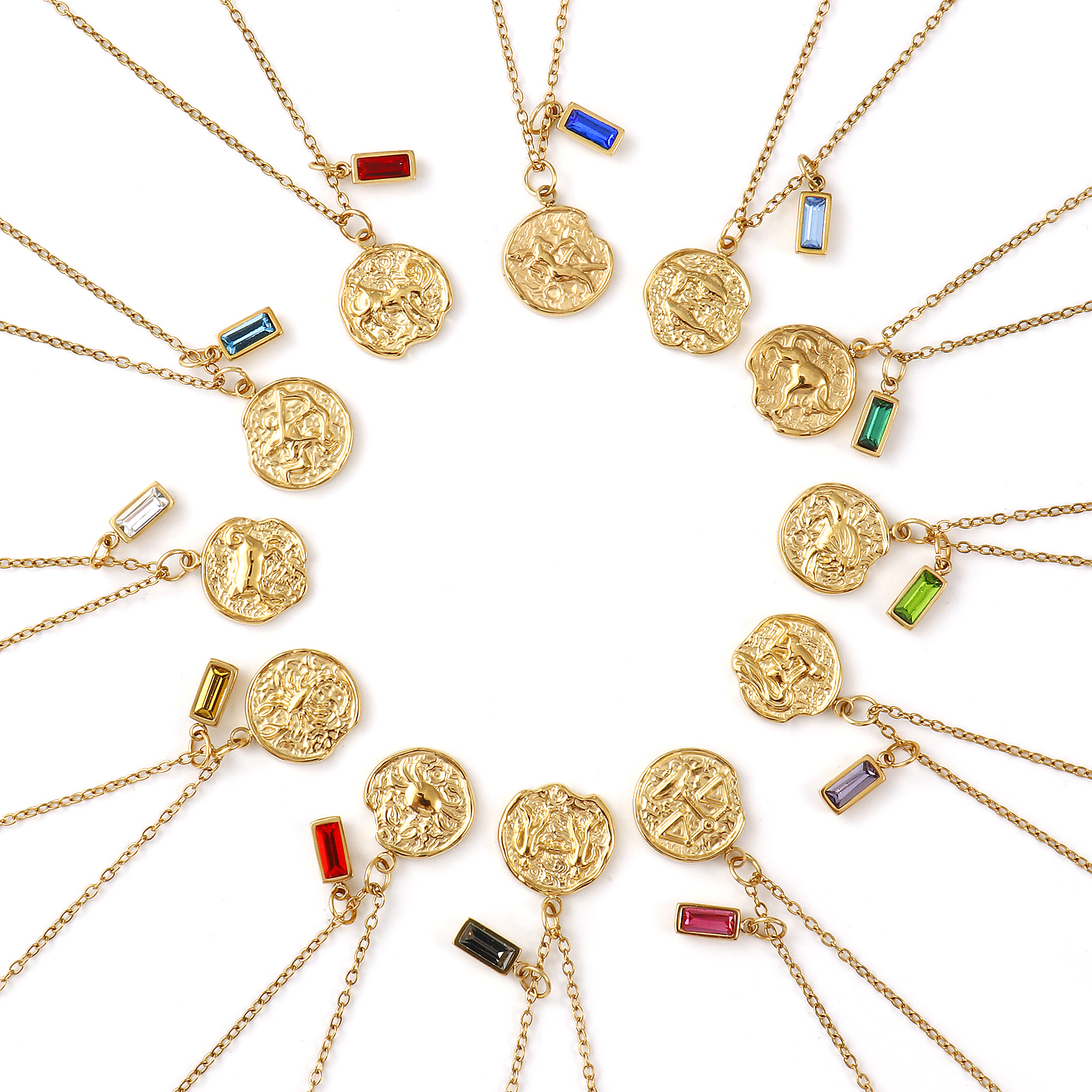 Picture of 18K Real Gold Plated Link Cable Chain Disc Pendant Charm Necklace, 304 Stainless Steel 45cm(17.7") + 5cm(2"), Constellation Birthstone Eco-friendly PVD Vacuum Plating