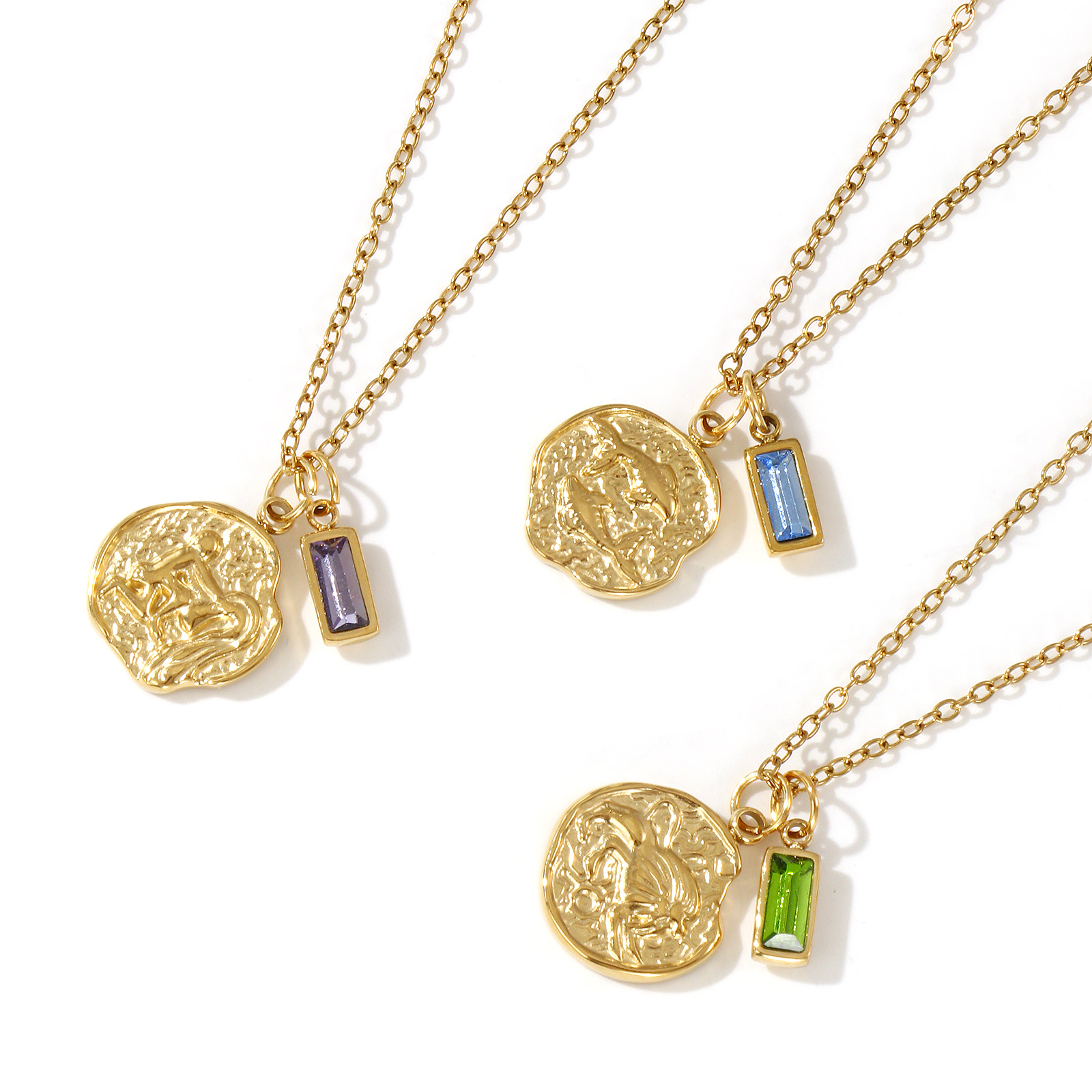 Picture of 18K Real Gold Plated Link Cable Chain Disc Pendant Charm Necklace, 304 Stainless Steel 45cm(17.7") + 5cm(2"), Constellation Birthstone Eco-friendly PVD Vacuum Plating