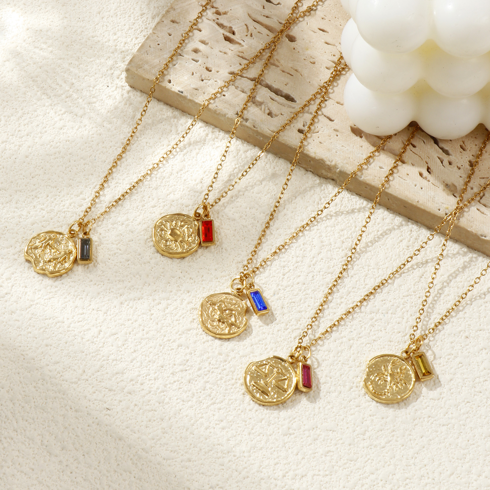 Picture of 18K Real Gold Plated Link Cable Chain Disc Pendant Charm Necklace, 304 Stainless Steel 45cm(17.7") + 5cm(2"), Constellation Birthstone Eco-friendly PVD Vacuum Plating