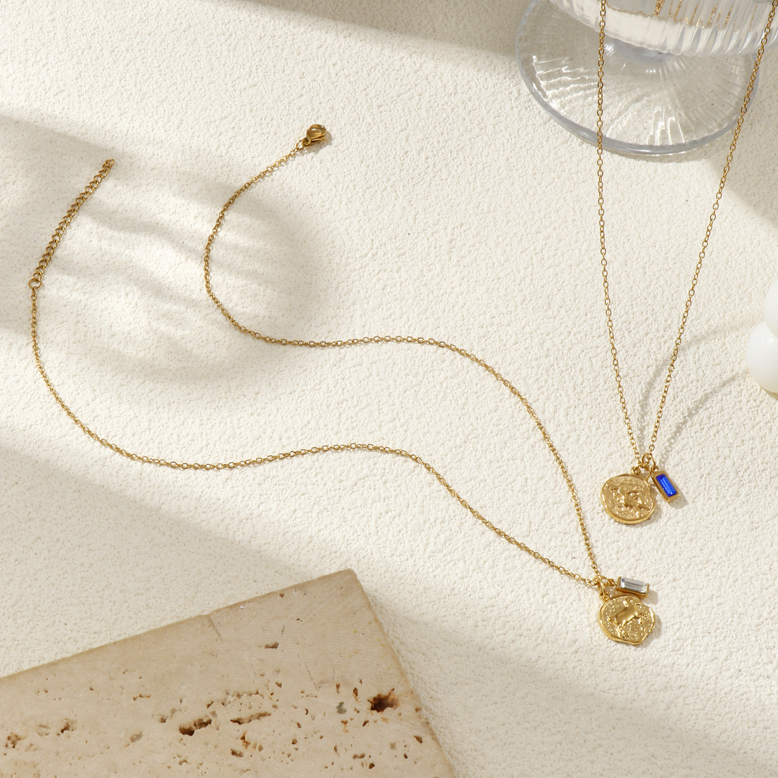 Picture of 18K Real Gold Plated Link Cable Chain Disc Pendant Charm Necklace, 304 Stainless Steel 45cm(17.7") + 5cm(2"), Constellation Birthstone Eco-friendly PVD Vacuum Plating