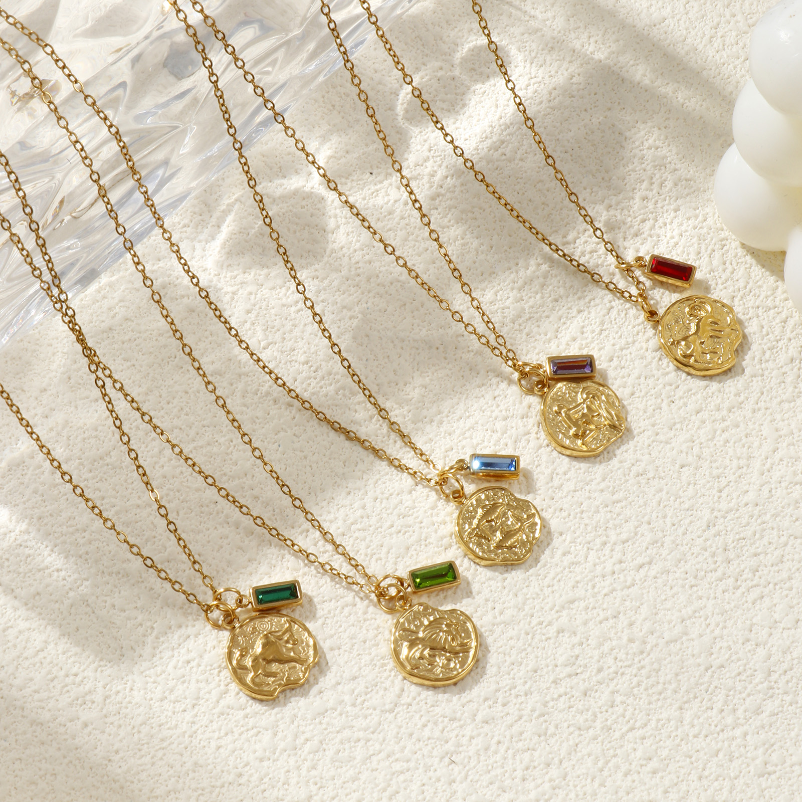 Picture of 18K Real Gold Plated Link Cable Chain Disc Pendant Charm Necklace, 304 Stainless Steel 45cm(17.7") + 5cm(2"), Constellation Birthstone Eco-friendly PVD Vacuum Plating