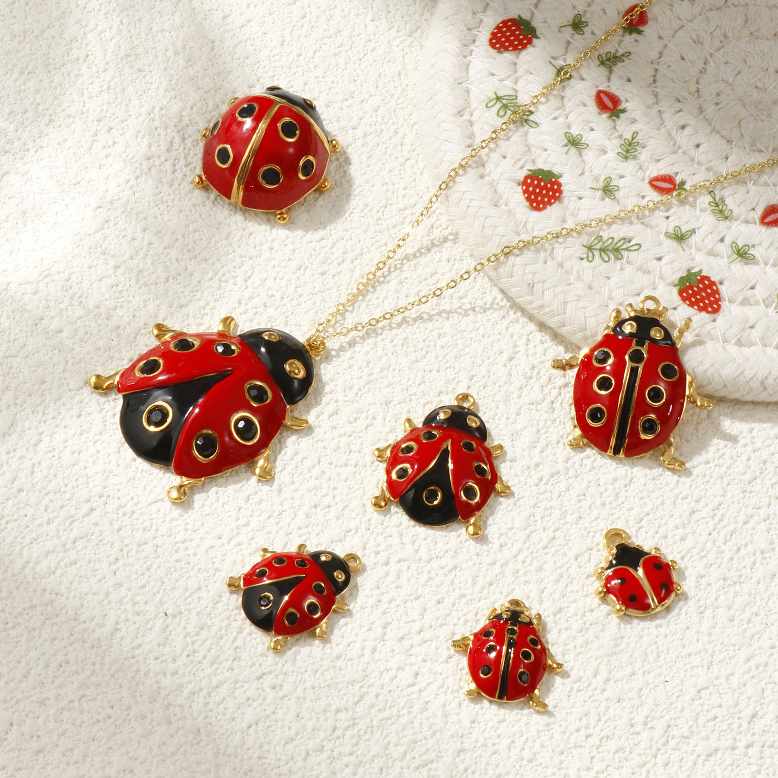 Picture of Eco-friendly PVD Vacuum Plating 304 Stainless Steel Pendants 18K Real Gold Plated Red Enamel Ladybug Animal Black Rhinestone