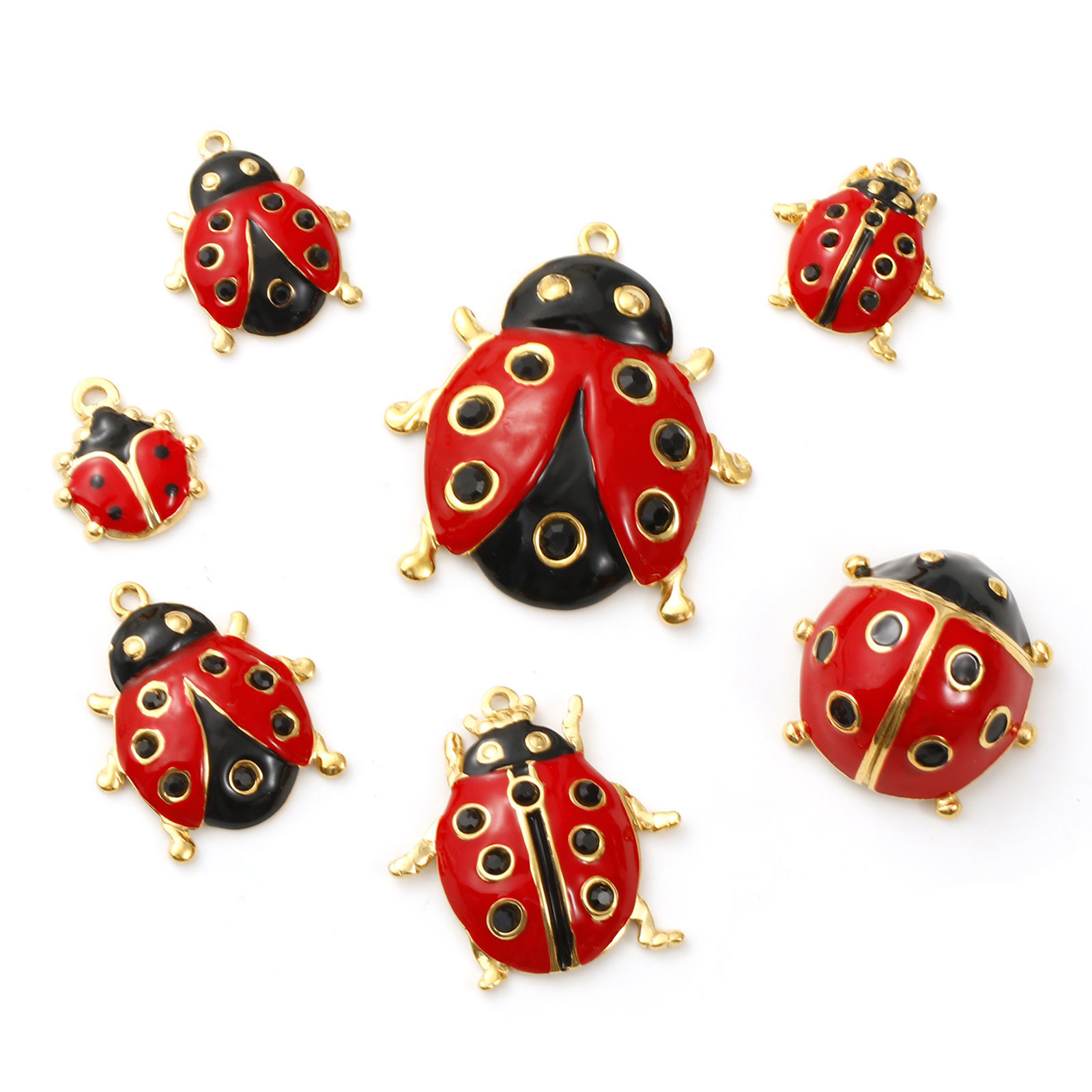 Picture of Eco-friendly PVD Vacuum Plating 304 Stainless Steel Pendants 18K Real Gold Plated Red Enamel Ladybug Animal Black Rhinestone