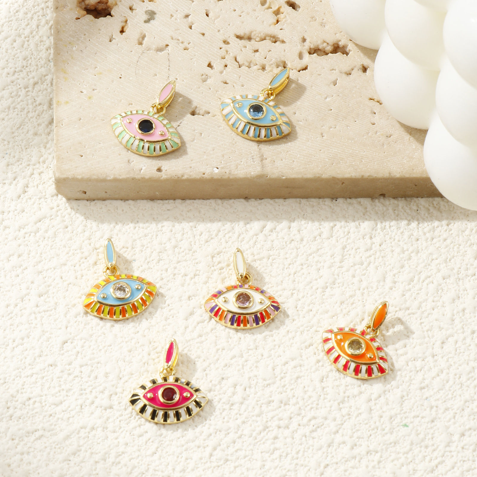 Bild von Umweltfreundlich Messing + Kubisch Zirkonia Charms 18K Echtgold plattiert Emaille Auge 17mm x 15mm