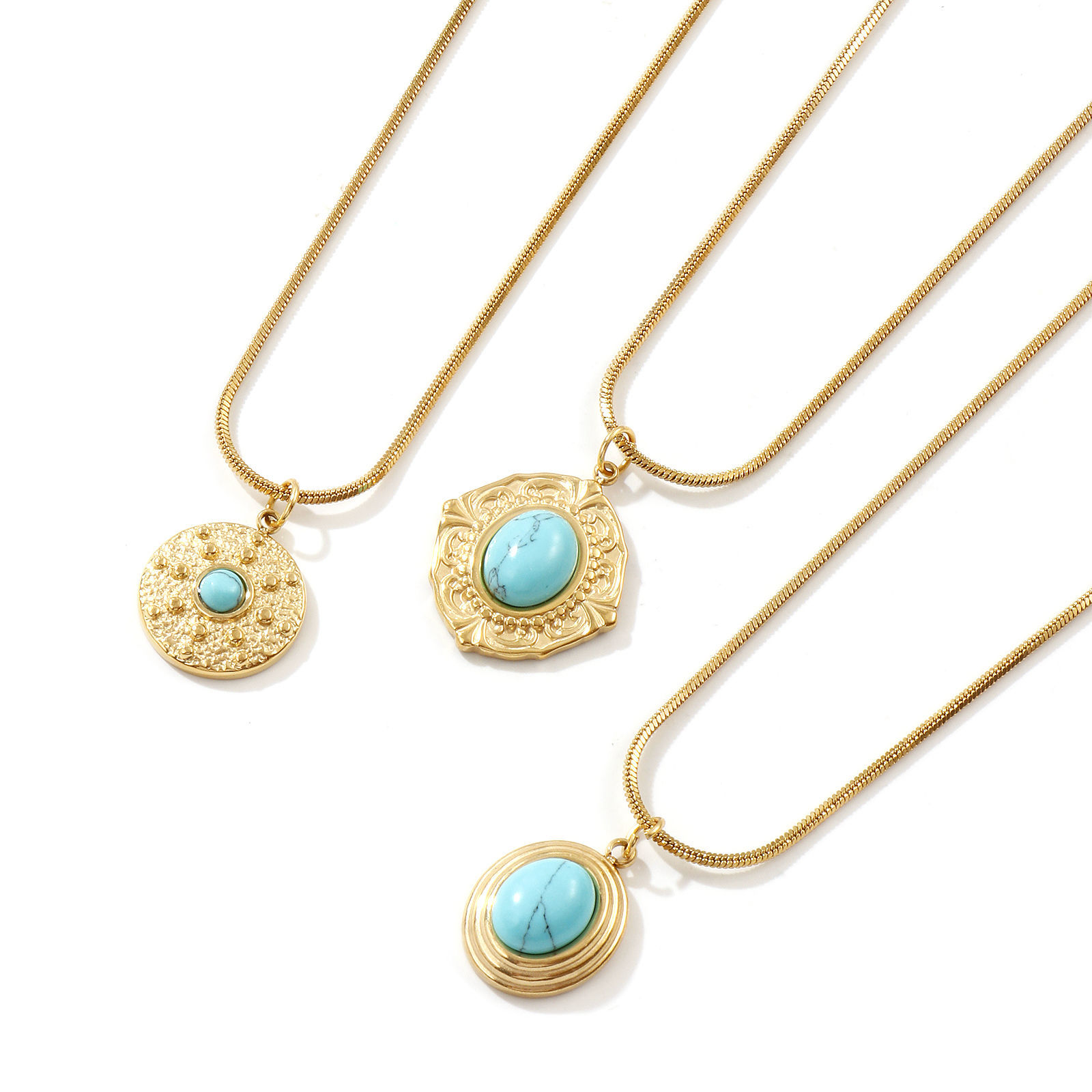 Изображение 18K настоящее золото с покрытием квадратная змеевидная цепь Ожерелье с подвеской, 304 Нержавеющая Сталь 45см + 5см, Для женщин, Сине-зеленые С Смола Кабошоны, Имитация Бирюзы, Богемный стиль Этнический стиль подарок, Экологичное вакуумное PVD-покрытие, 1 ШТ