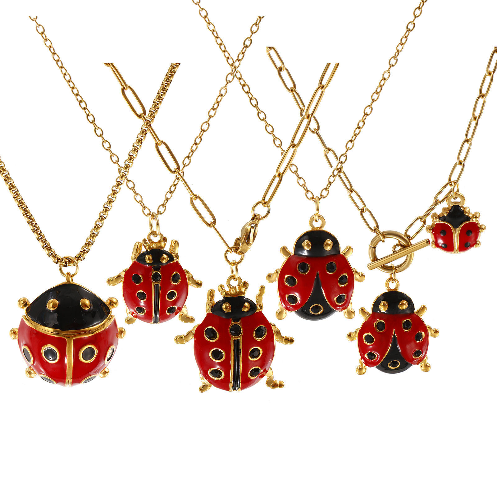 Изображение 18K настоящее золото с покрытием Божья Коровка Ожерелье с подвеской, 304 Нержавеющая Сталь Для женщин, Насекомое Натуральная пастырская подарок, Экологичное вакуумное PVD-покрытие, 1 ШТ