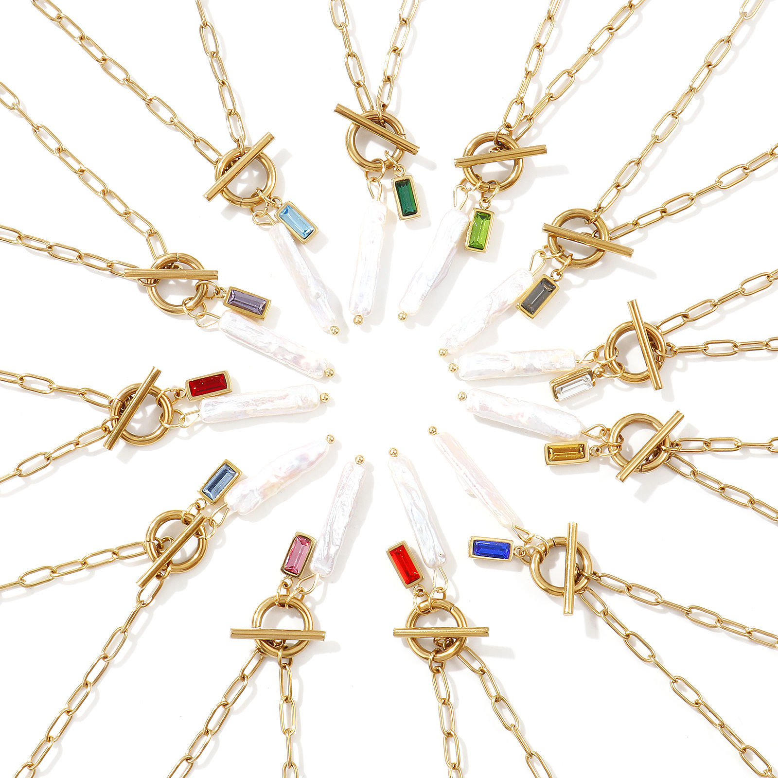 Изображение 18K настоящее золото с покрытием Цепочка зажимов Прямоугольник Ожерелье с подвеской, Нержавеющая сталь 304 и натуральный жемчуг 45см, Для женщин, Белый Камень рождения Барокко подарок, Экологичное вакуумное PVD-покрытие, 1 ШТ