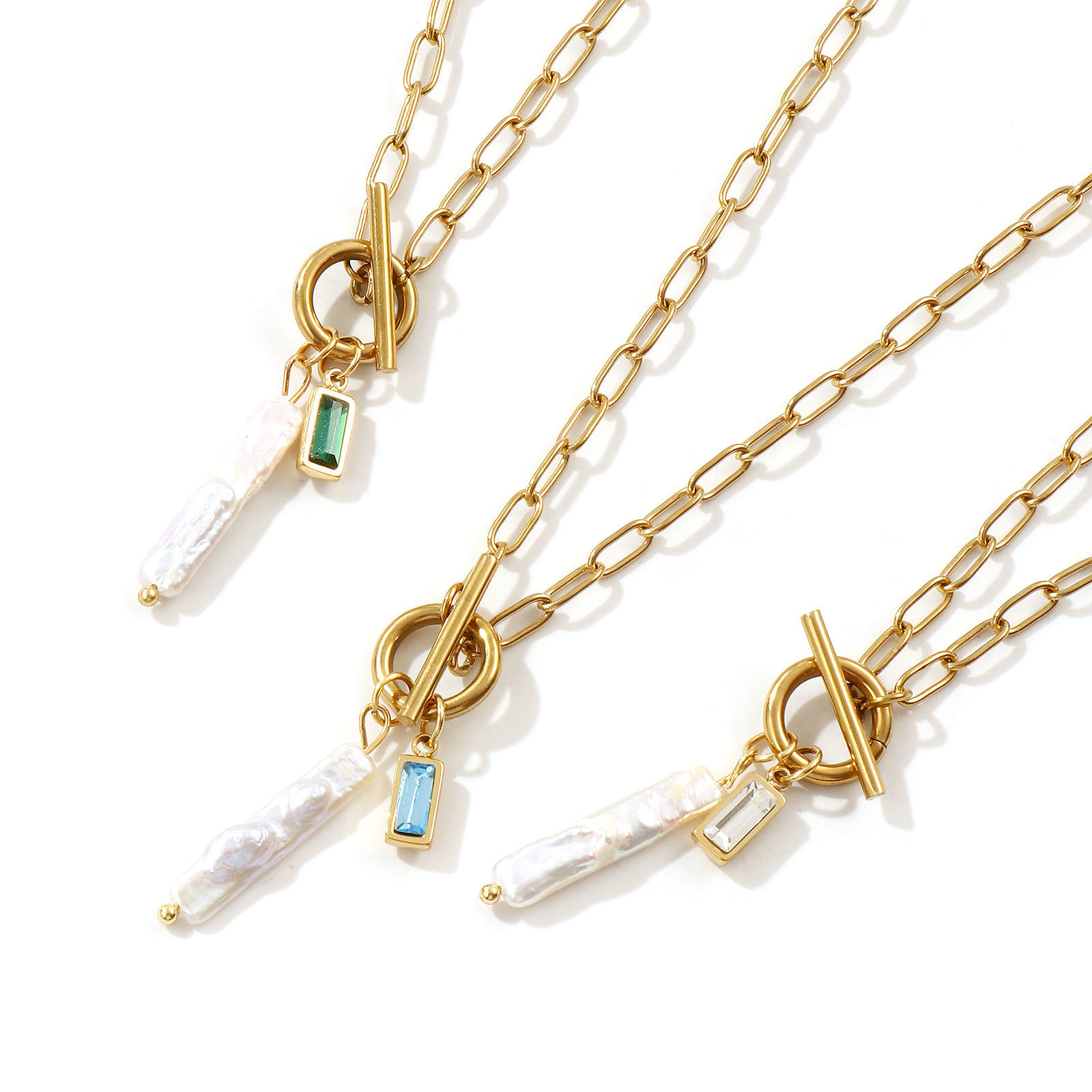 Изображение 18K настоящее золото с покрытием Цепочка зажимов Прямоугольник Ожерелье с подвеской, Нержавеющая сталь 304 и натуральный жемчуг 45см, Для женщин, Белый Камень рождения Барокко подарок, Экологичное вакуумное PVD-покрытие, 1 ШТ