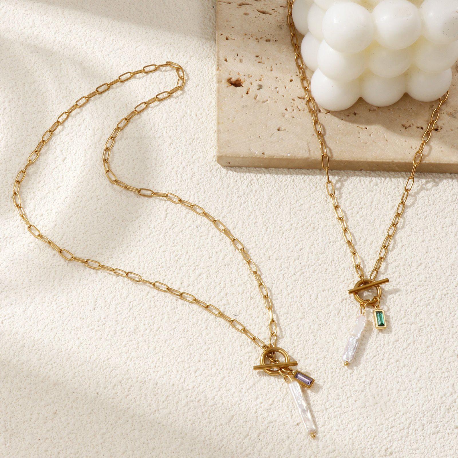 Изображение 18K настоящее золото с покрытием Цепочка зажимов Прямоугольник Ожерелье с подвеской, Нержавеющая сталь 304 и натуральный жемчуг 45см, Для женщин, Белый Камень рождения Барокко подарок, Экологичное вакуумное PVD-покрытие, 1 ШТ