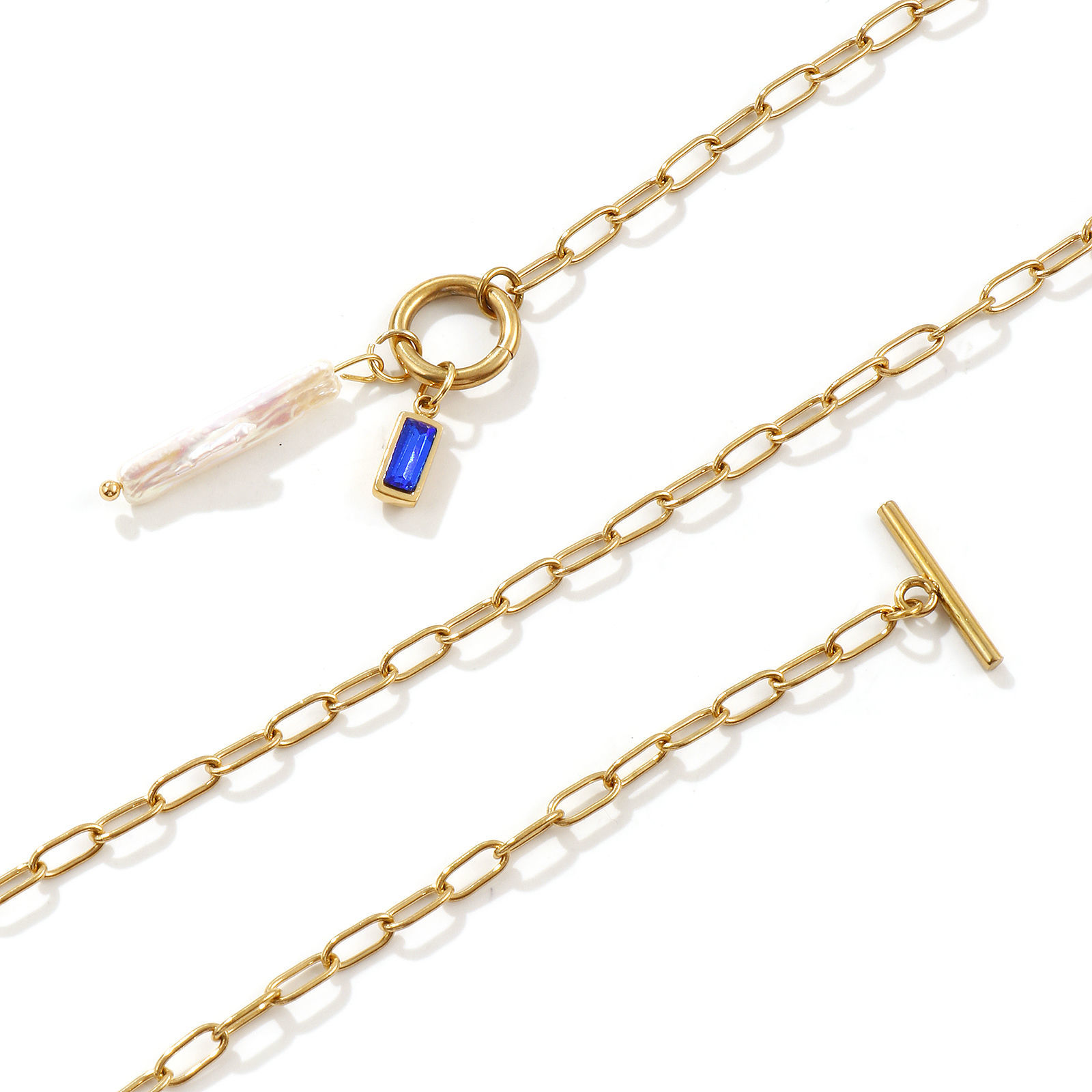 Изображение 18K настоящее золото с покрытием Цепочка зажимов Прямоугольник Ожерелье с подвеской, Нержавеющая сталь 304 и натуральный жемчуг 45см, Для женщин, Белый Камень рождения Барокко подарок, Экологичное вакуумное PVD-покрытие, 1 ШТ