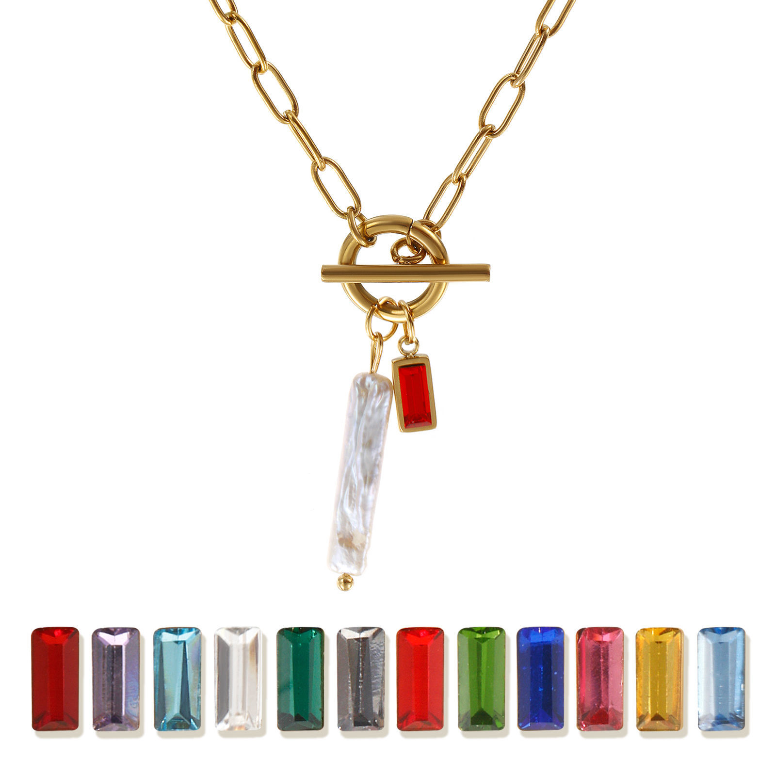 Изображение 18K настоящее золото с покрытием Цепочка зажимов Прямоугольник Ожерелье с подвеской, Нержавеющая сталь 304 и натуральный жемчуг 45см, Для женщин, Белый Камень рождения Барокко подарок, Экологичное вакуумное PVD-покрытие, 1 ШТ