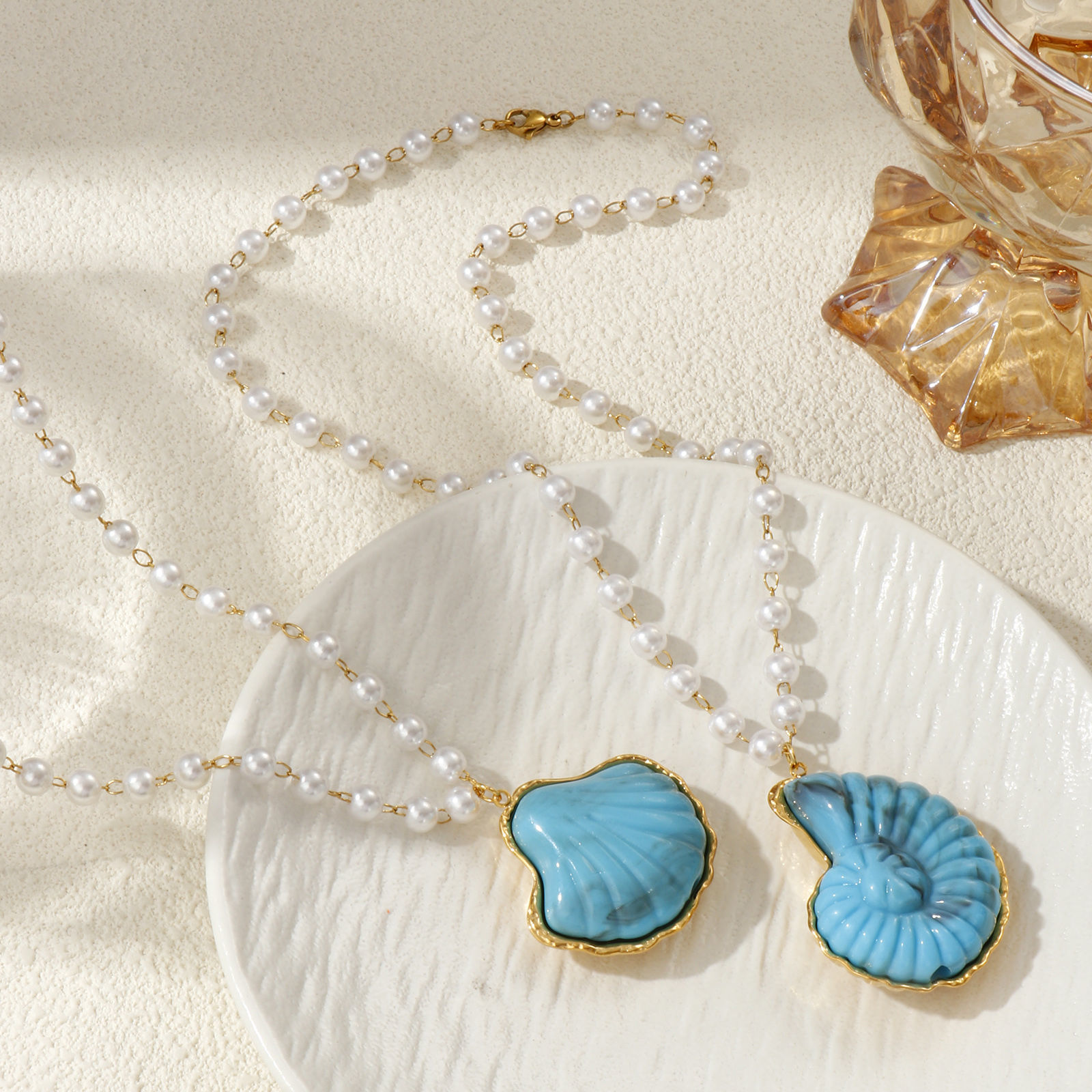 Picture of 18K Real Gold Plated Beaded Chain Pendant Charm Necklace, 304 Stainless Steel & Resin 45cm(17.7"), For Women, 3D, Ocean Jewelry Dainty Gift, Eco-friendly PVD Vacuum Plating