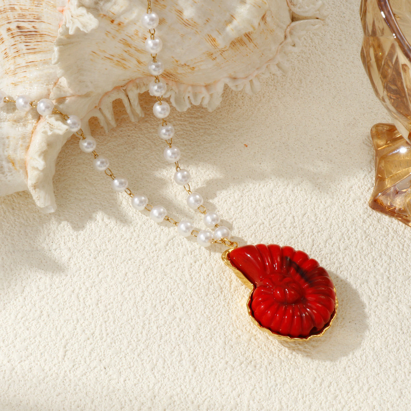 Picture of 18K Real Gold Plated Beaded Chain Pendant Charm Necklace, 304 Stainless Steel & Resin 45cm(17.7"), For Women, 3D, Ocean Jewelry Dainty Gift, Eco-friendly PVD Vacuum Plating