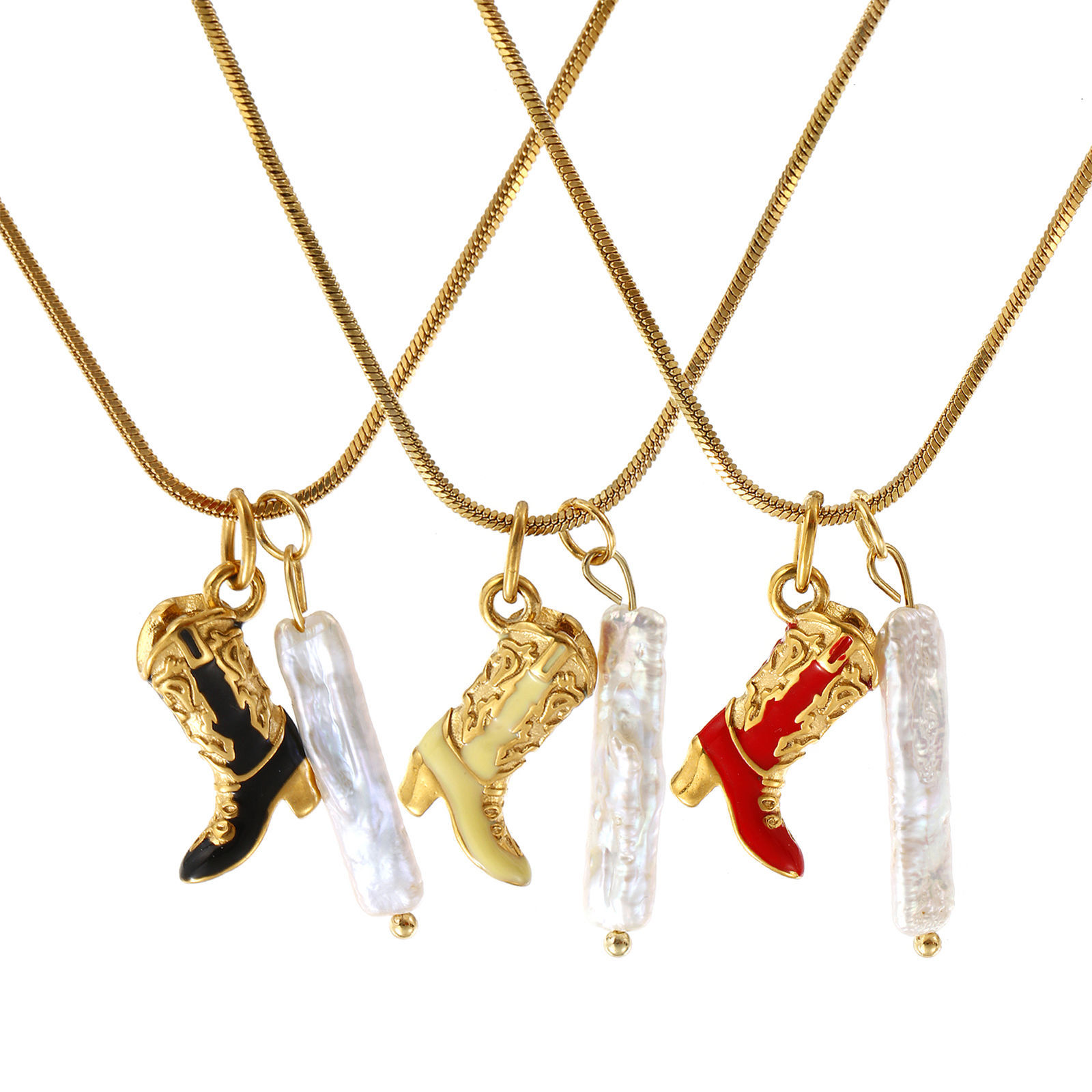 Picture of 18K Real Gold Plated Square Snake Chain Boots Pendant Charm Necklace, 304 Stainless Steel & Natural Pearl 45cm(17.7") + 5cm(2"), For Women, Enamel 3D, West Cowboy Baroque Gift, Eco-friendly PVD Vacuum Plating, 1 Piece