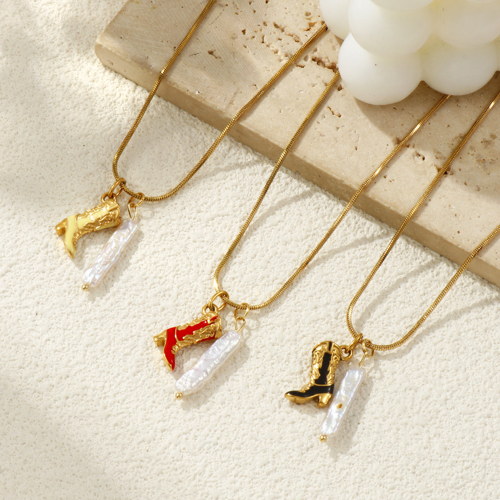 Picture of 18K Real Gold Plated Square Snake Chain Boots Pendant Charm Necklace, 304 Stainless Steel & Natural Pearl 45cm(17.7") + 5cm(2"), For Women, Enamel 3D, West Cowboy Baroque Gift, Eco-friendly PVD Vacuum Plating, 1 Piece