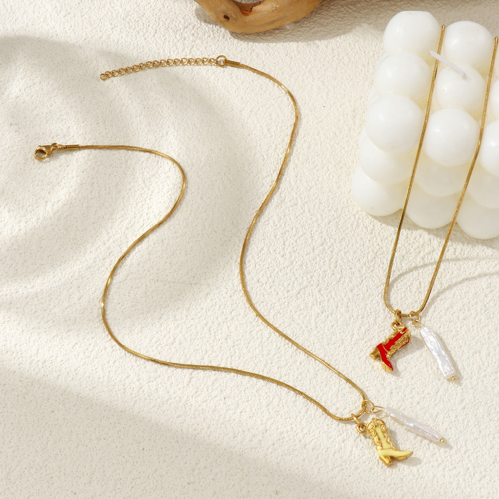 Picture of 18K Real Gold Plated Square Snake Chain Boots Pendant Charm Necklace, 304 Stainless Steel & Natural Pearl 45cm(17.7") + 5cm(2"), For Women, Enamel 3D, West Cowboy Baroque Gift, Eco-friendly PVD Vacuum Plating, 1 Piece