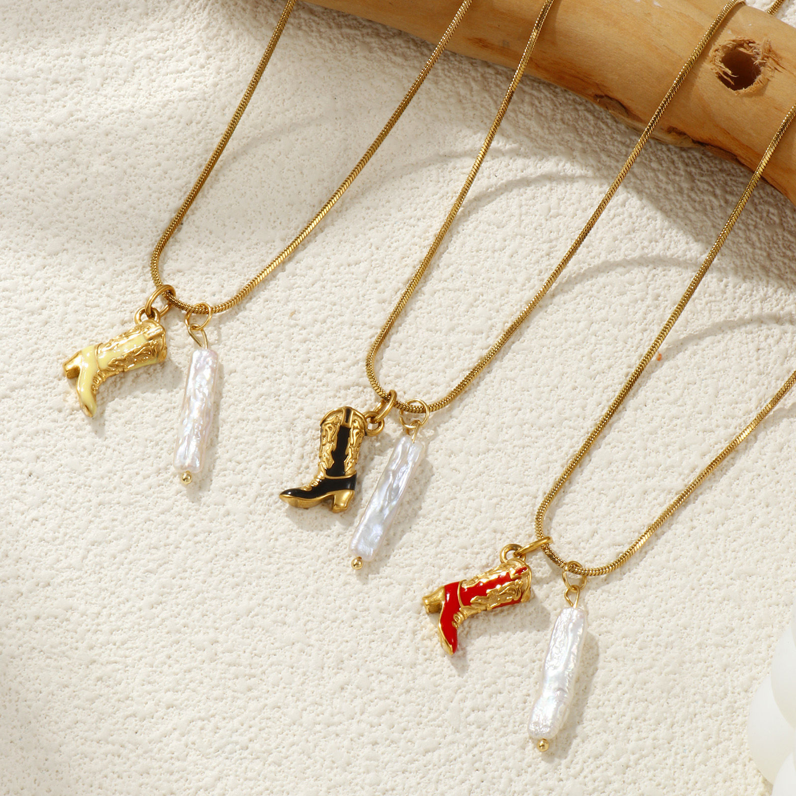 Picture of 18K Real Gold Plated Square Snake Chain Boots Pendant Charm Necklace, 304 Stainless Steel & Natural Pearl 45cm(17.7") + 5cm(2"), For Women, Enamel 3D, West Cowboy Baroque Gift, Eco-friendly PVD Vacuum Plating, 1 Piece